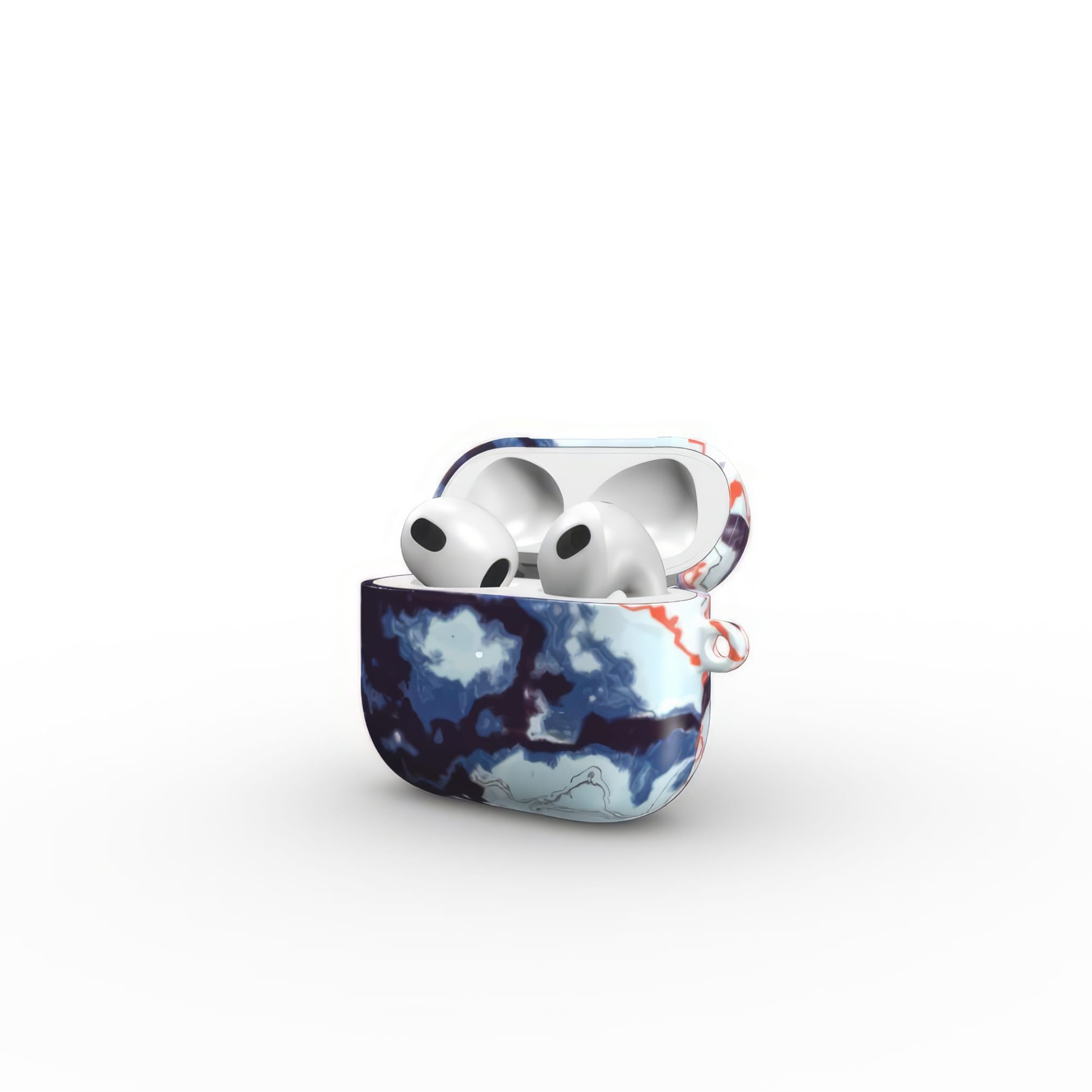 AirPods 3 tough case side open view; Blue Marble 1 pattern, artistic, abstract marble pattern. Dark blue and light blue with some red lines color combination.