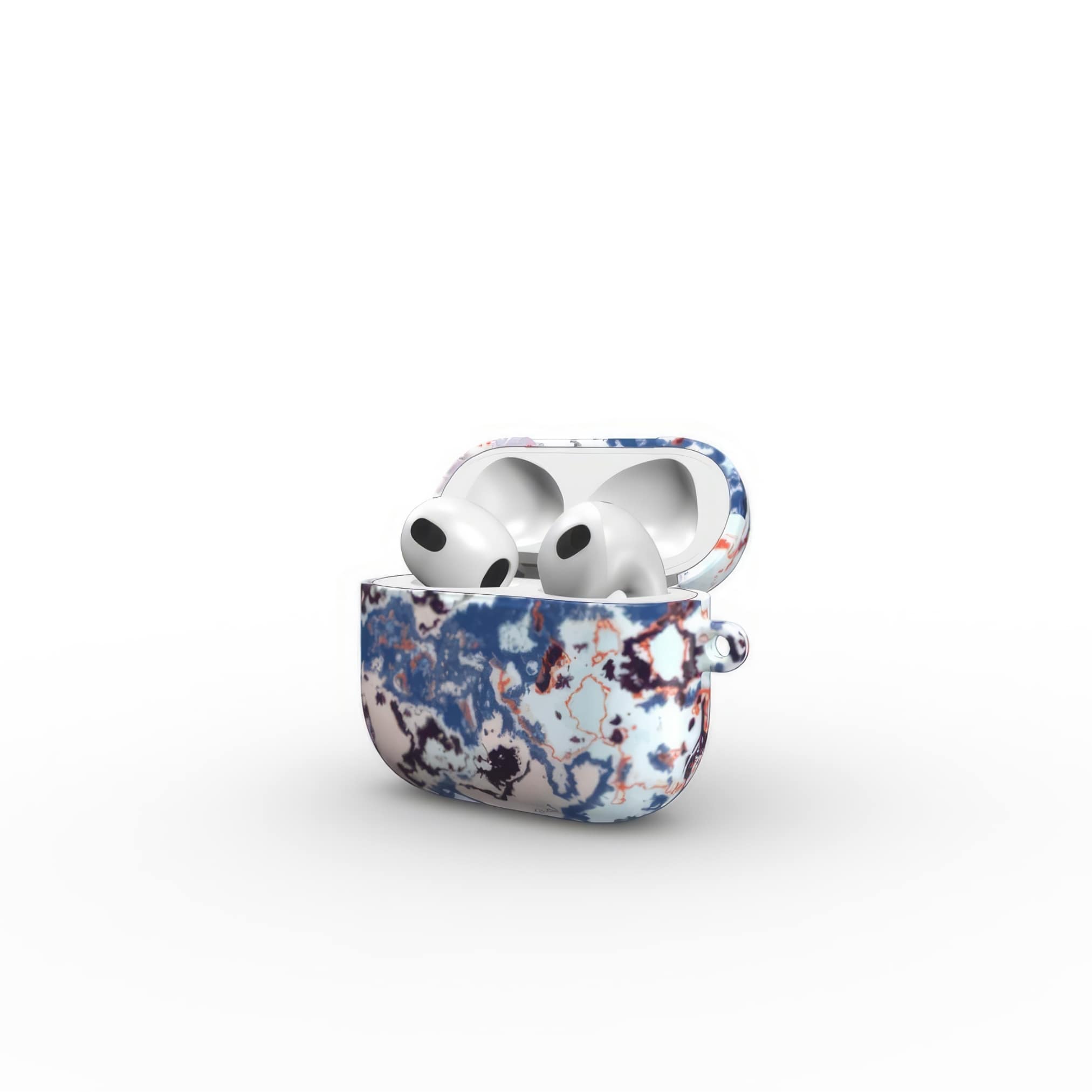 AirPods 3 tough case side open view; Blue Marble 2 pattern, artistic, abstract marble pattern. Blue and pink color combination.