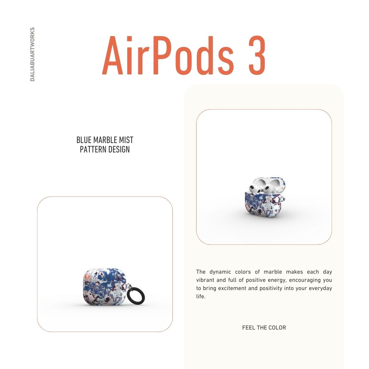 AirPods 3 tough case front view; Blue Marble Mist pattern, artistic, abstract marble pattern. Blue and pink color combination.