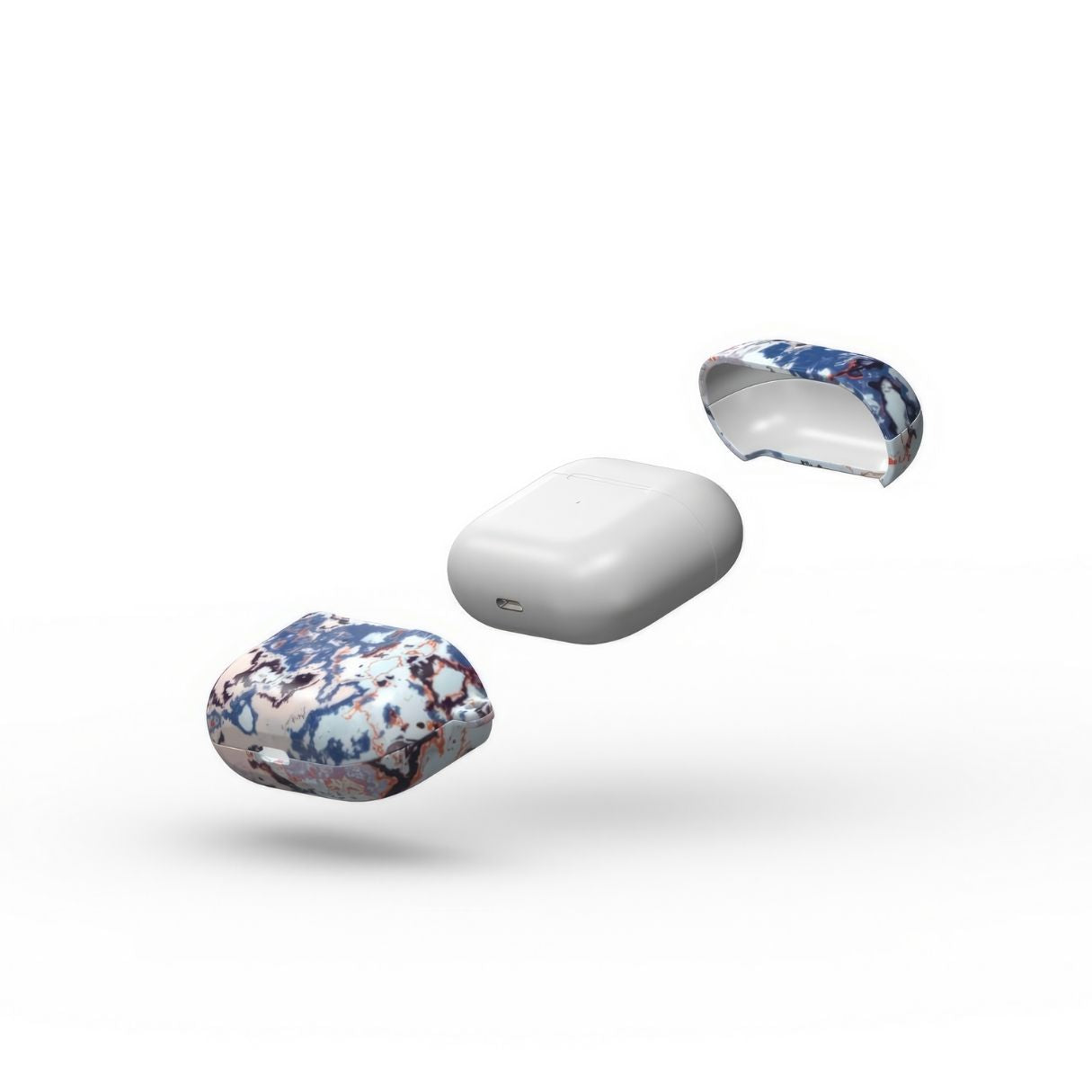 AirPods 3 tough case extend view; Blue Marble Mist pattern, artistic, abstract marble pattern. Blue and pink color combination.