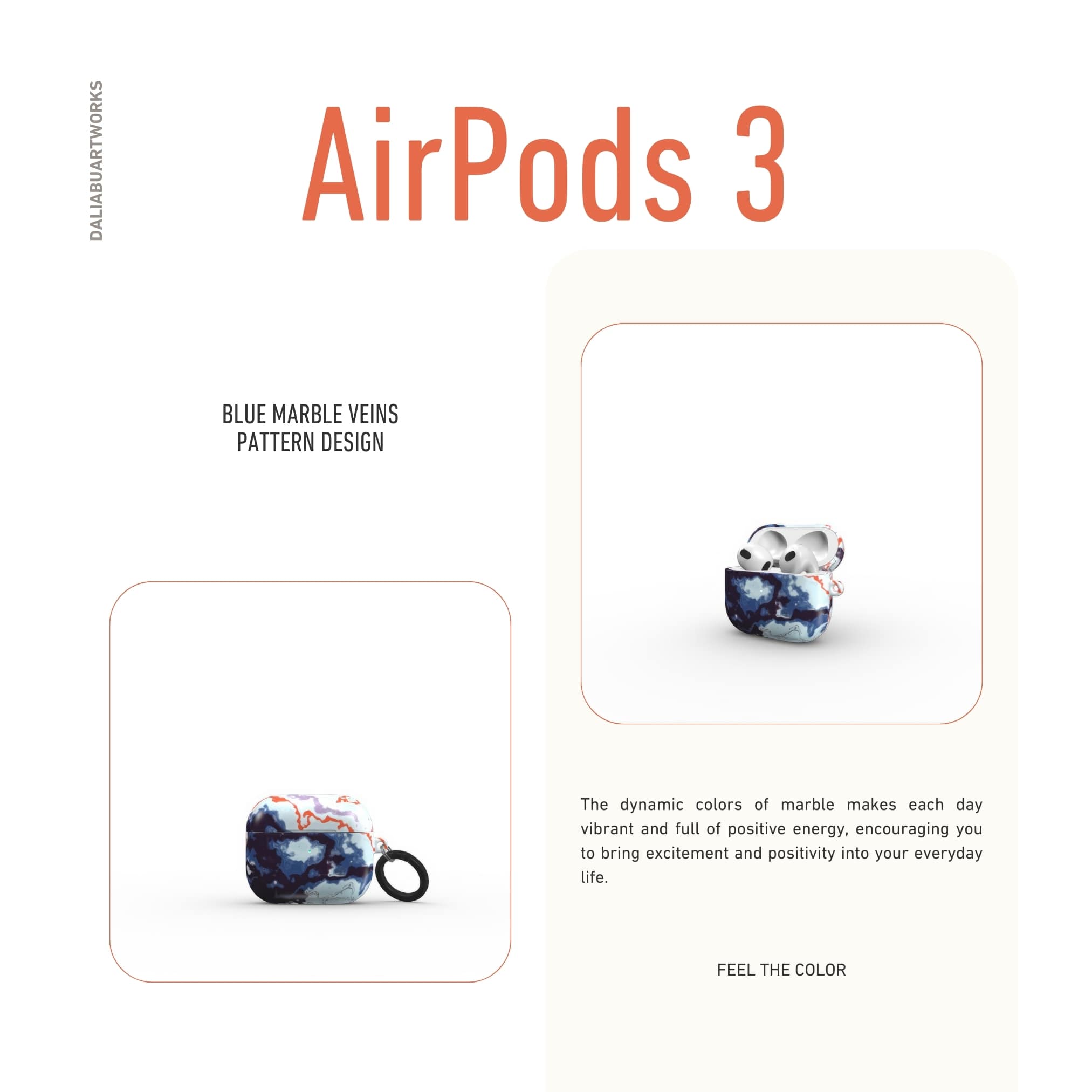AirPods 3 tough case description; Blue Marble Veins pattern, artistic, abstract marble pattern. Dark blue and light blue with some red lines color combination. Bold expressive aesthetic design. Colorful and interior fit. Elegant.