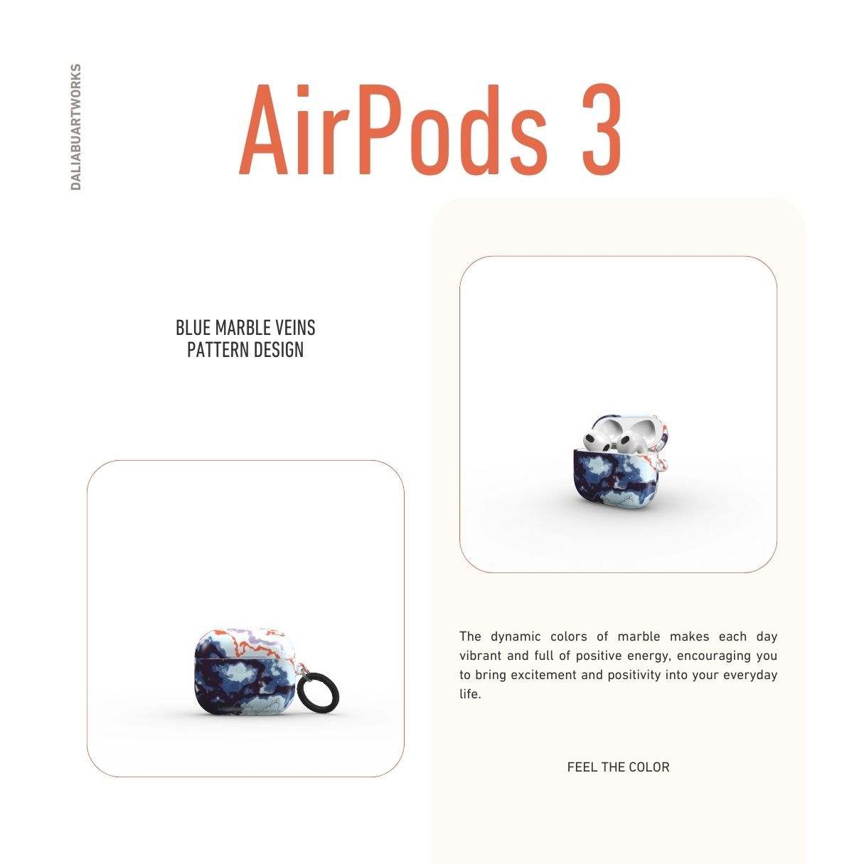 AirPods 3 tough case front view; Blue Marble Veins pattern, artistic, abstract marble pattern. Dark blue and light blue with some red lines color combination. Bold expressive aesthetic design. Colorful and interior fit. Elegant.