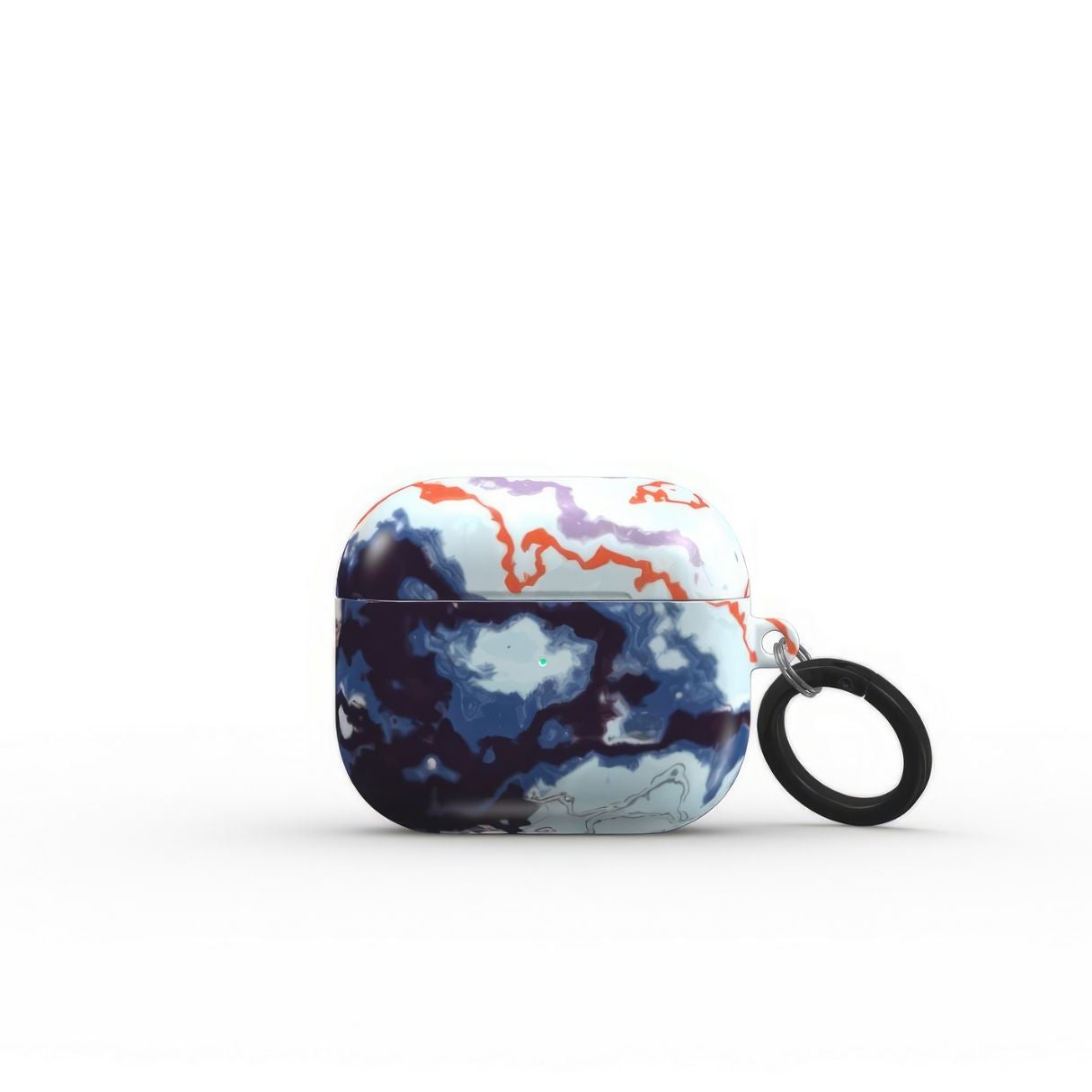 AirPods 3 tough case front view; Blue Marble Veins pattern, artistic, abstract marble pattern. Dark blue and light blue with some red lines color combination. Bold expressive aesthetic design. Colorful and interior fit. Elegant.