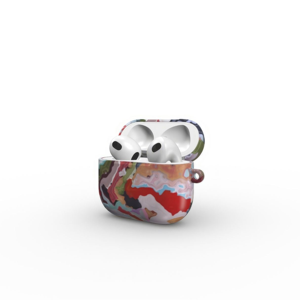 AirPods 3 case side open view; Bold Sprinkles pattern, artistic, abstract marble pattern. Mix color combination. Bold expressive aesthetic design. Colorful and interior fit. Elegant.