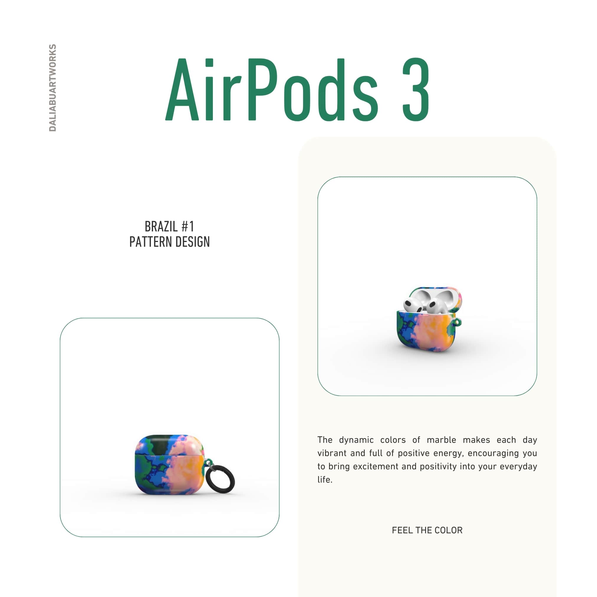 AirPods 3 tough case front view; Brazil 1 pattern, artistic, abstract marble pattern. Orange, green and blue color combination.