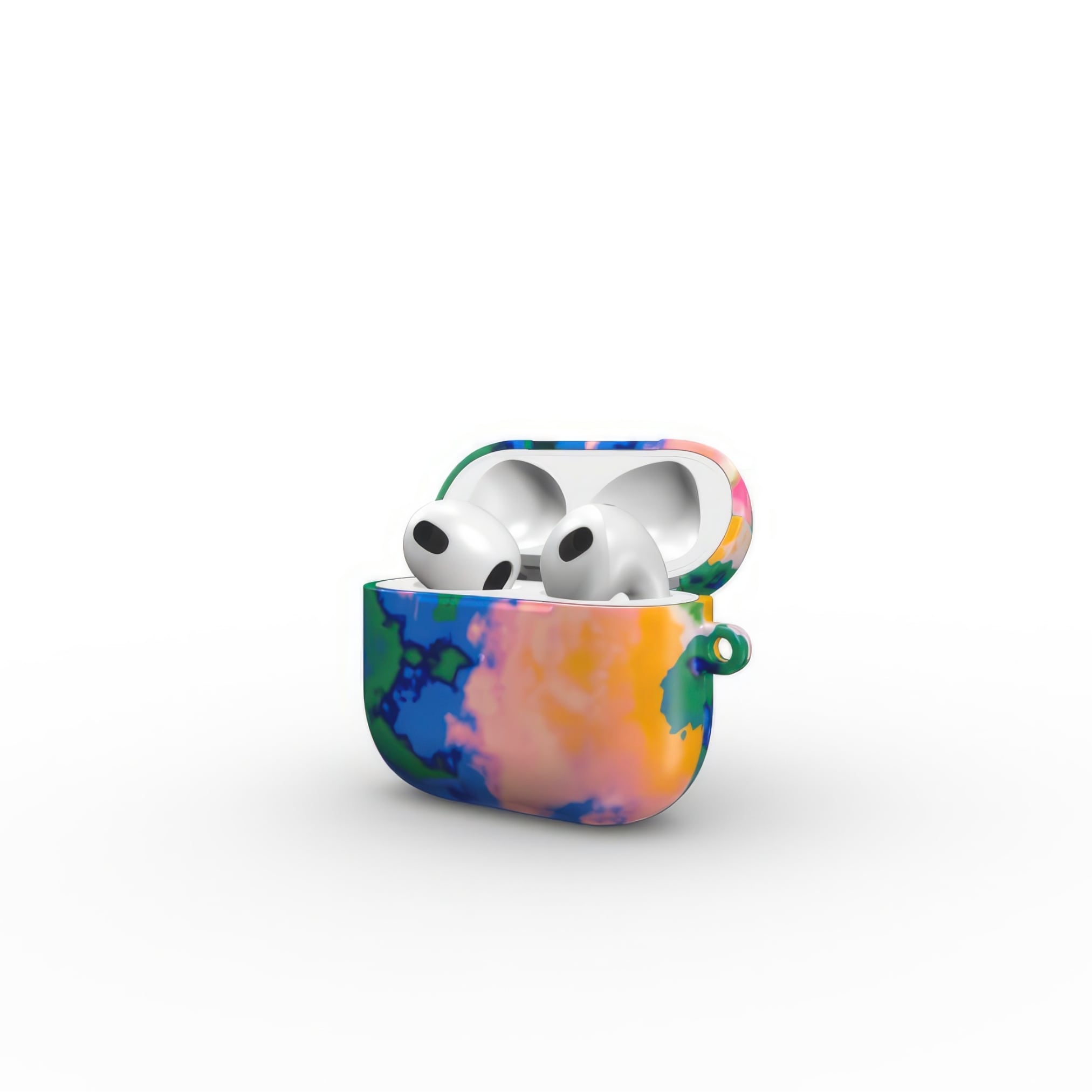AirPods 3 tough case side open view; Brazil 1 pattern, artistic, abstract marble pattern. Orange, green and blue color combination.