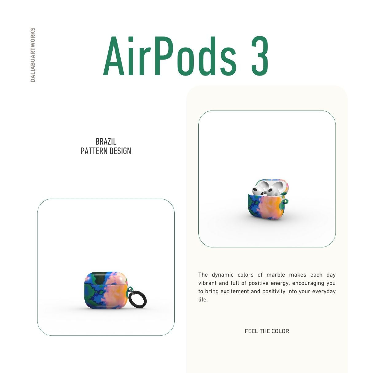 AirPods 3 tough case closed front view; Brazil pattern, artistic, abstract marble pattern. Orange, green and blue color combination.
