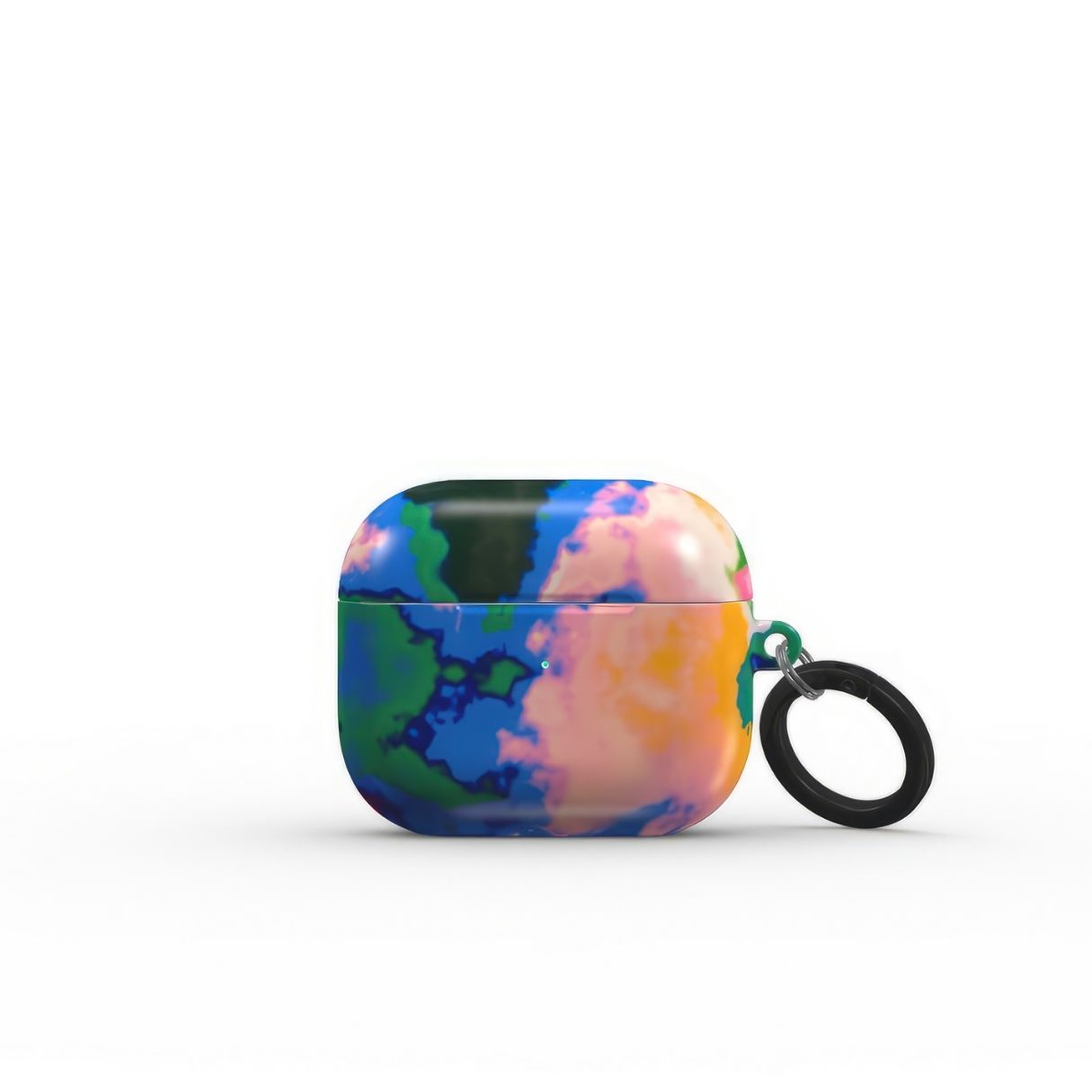 AirPods 3 tough case closed front view; Brazil pattern, artistic, abstract marble pattern. Orange, green and blue color combination.