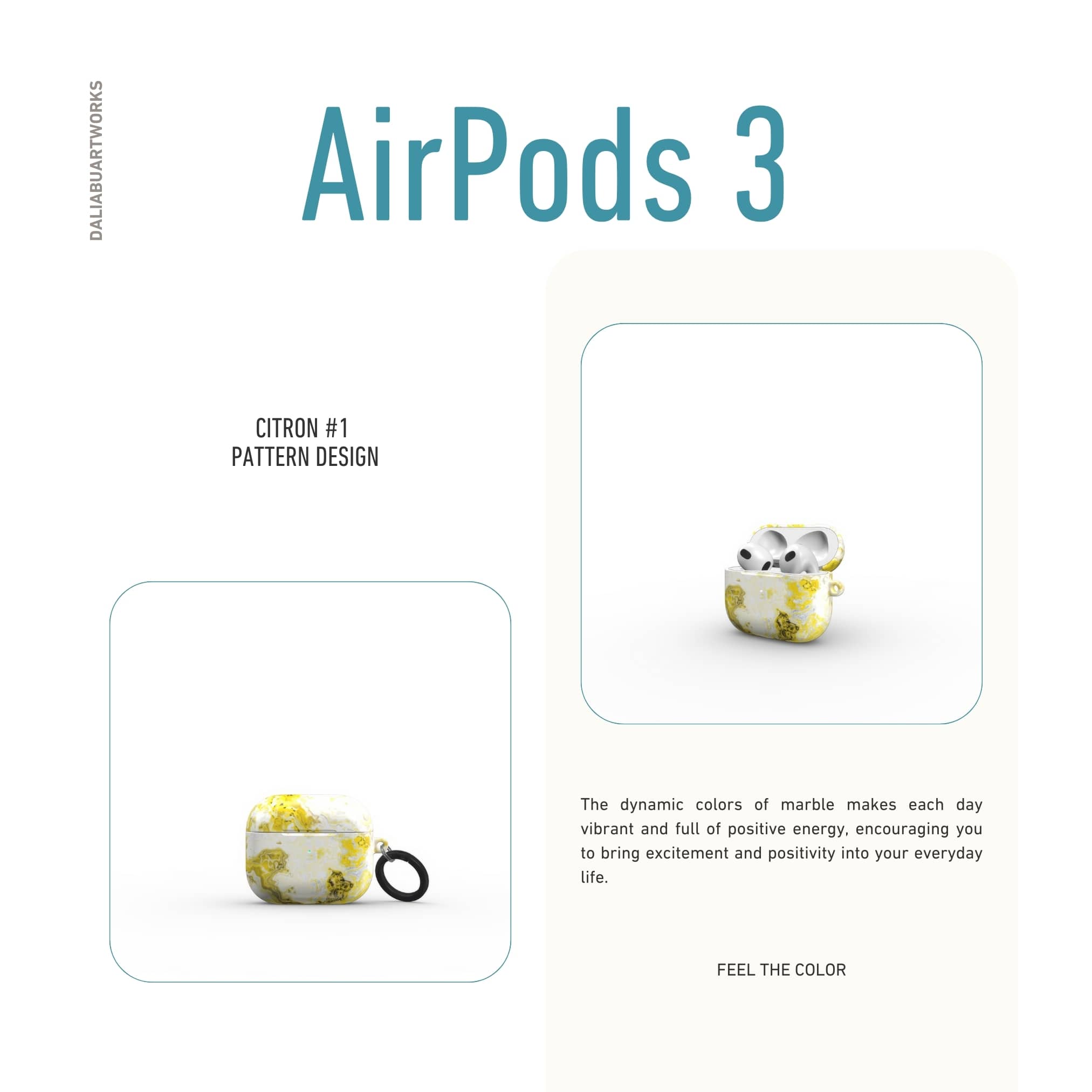 AirPods 3 tough case front view; Citron 1 pattern, artistic, abstract marble pattern. White and yellow color combination.