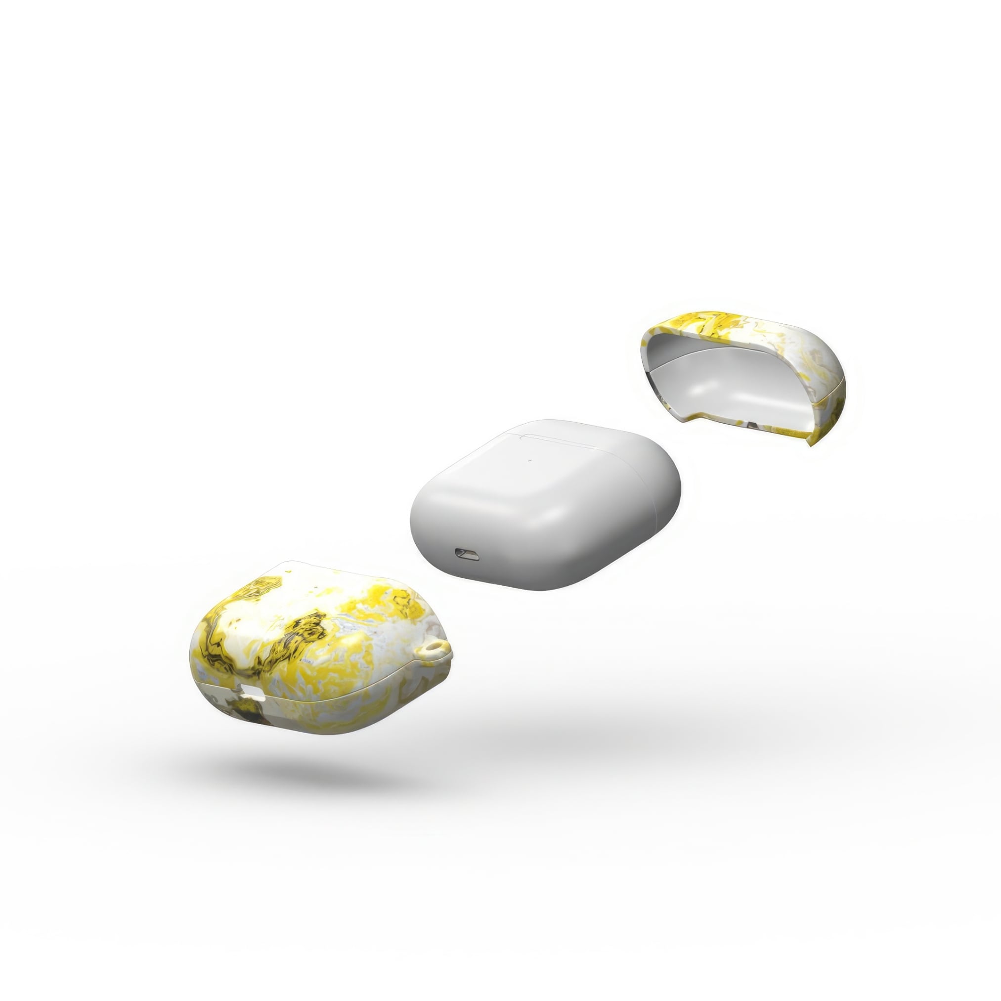 AirPods 3 tough case extend view; Citron 1 pattern, artistic, abstract marble pattern. White and yellow color combination.