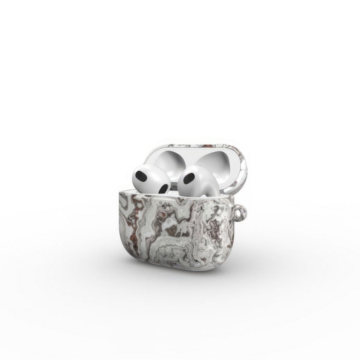 AirPods 3 tough case side open view; Classic White Marble pattern, artistic, abstract marble pattern. White and grey color combination.