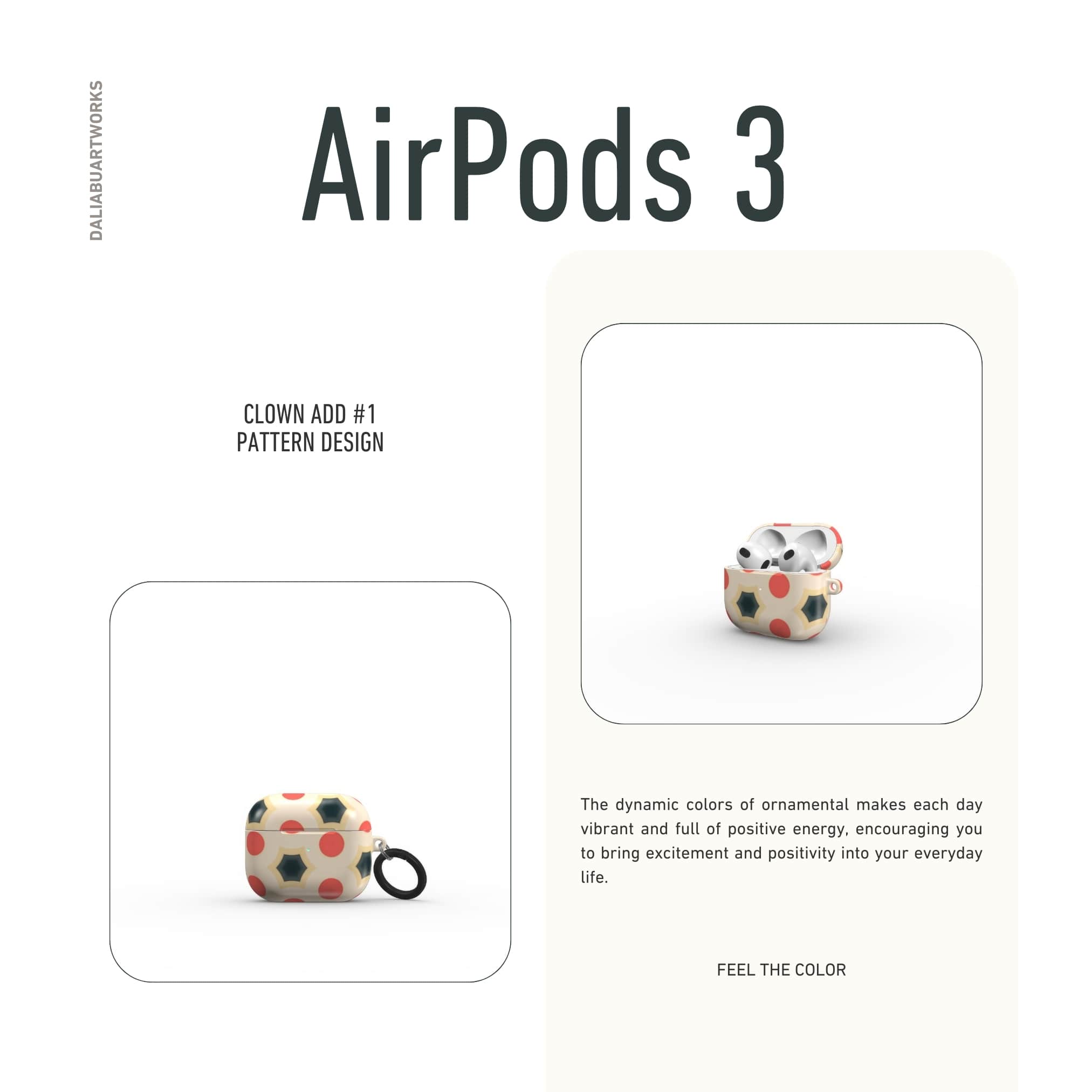 AirPods 3 tough case front view; clown add 1 pattern, artistic, ornamental kaleidoscope pattern. Red and beige color combination.