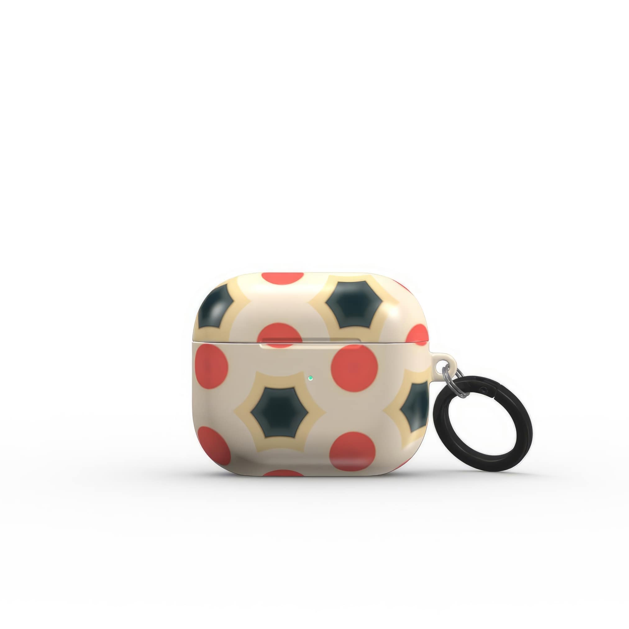 AirPods 3 tough case front view; clown add 1 pattern, artistic, ornamental kaleidoscope pattern. Red and beige color combination. Bold expressive aesthetic design. Colorful and interior fit.