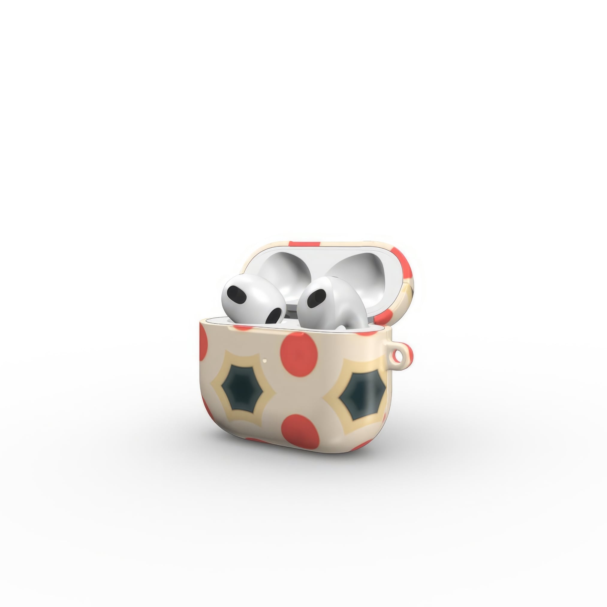 AirPods 3 tough case side open view; clown add 1 pattern, artistic, ornamental kaleidoscope pattern. Red and beige color combination.