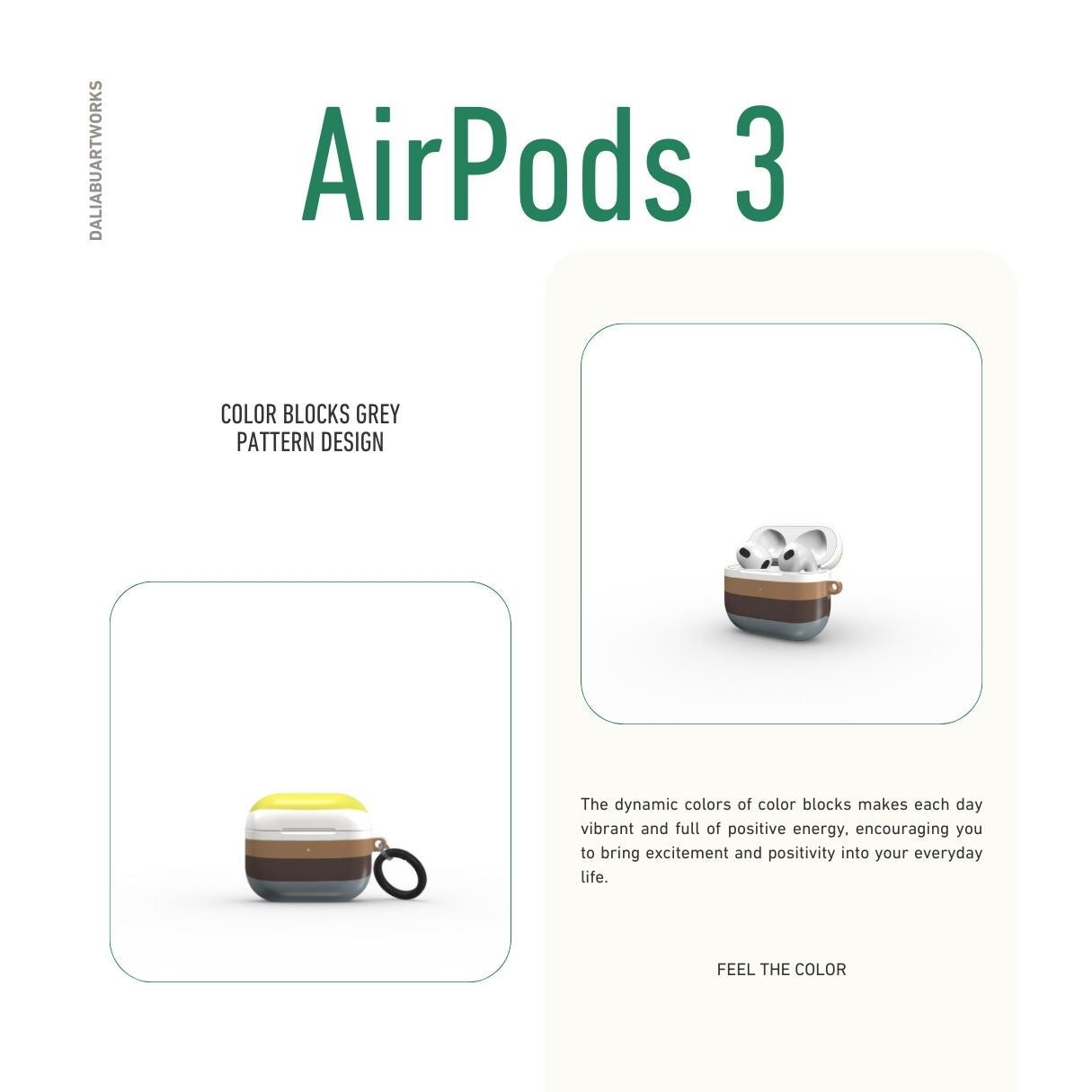 AirPods 3 case Color Blocks Grey pattern design with a color blocks, featuring an elegant and expressive aesthetic design. Main colors are caramel, chocolate brown, yellow and gray. Front view.