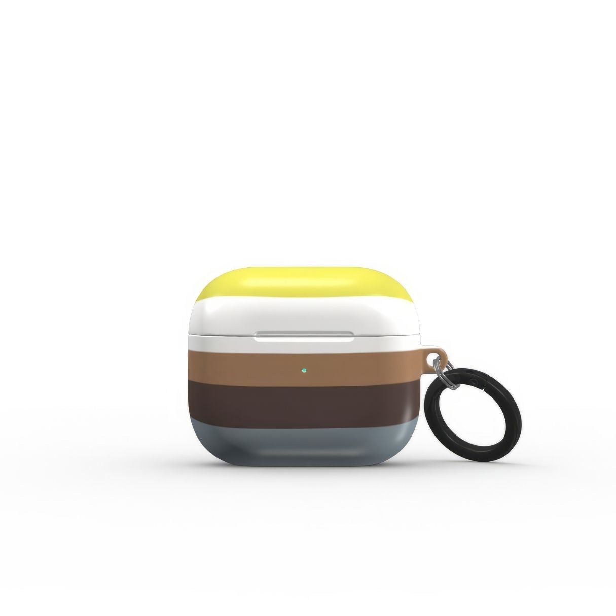 AirPods 3 case Color Blocks Grey pattern design with a color blocks, featuring an elegant and expressive aesthetic design. Main colors are caramel, chocolate brown, yellow and gray. Front view.
