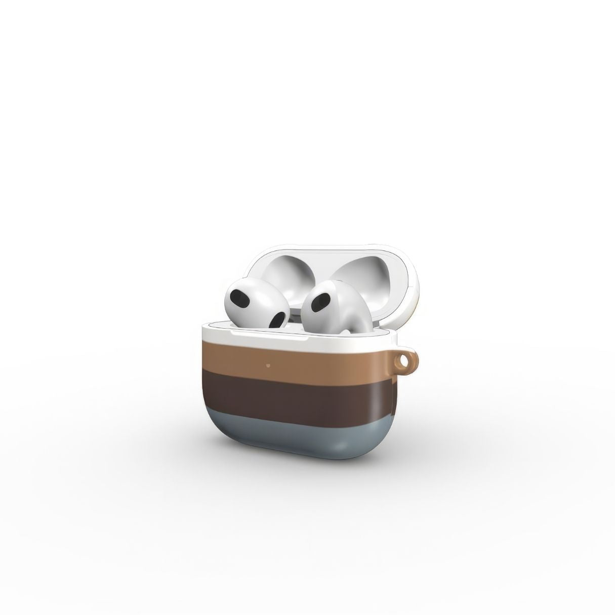 AirPods 3 case Color Blocks Grey pattern design with a color blocks, featuring an elegant and expressive aesthetic design. Main colors are caramel, chocolate brown, yellow and gray. Side open view.
