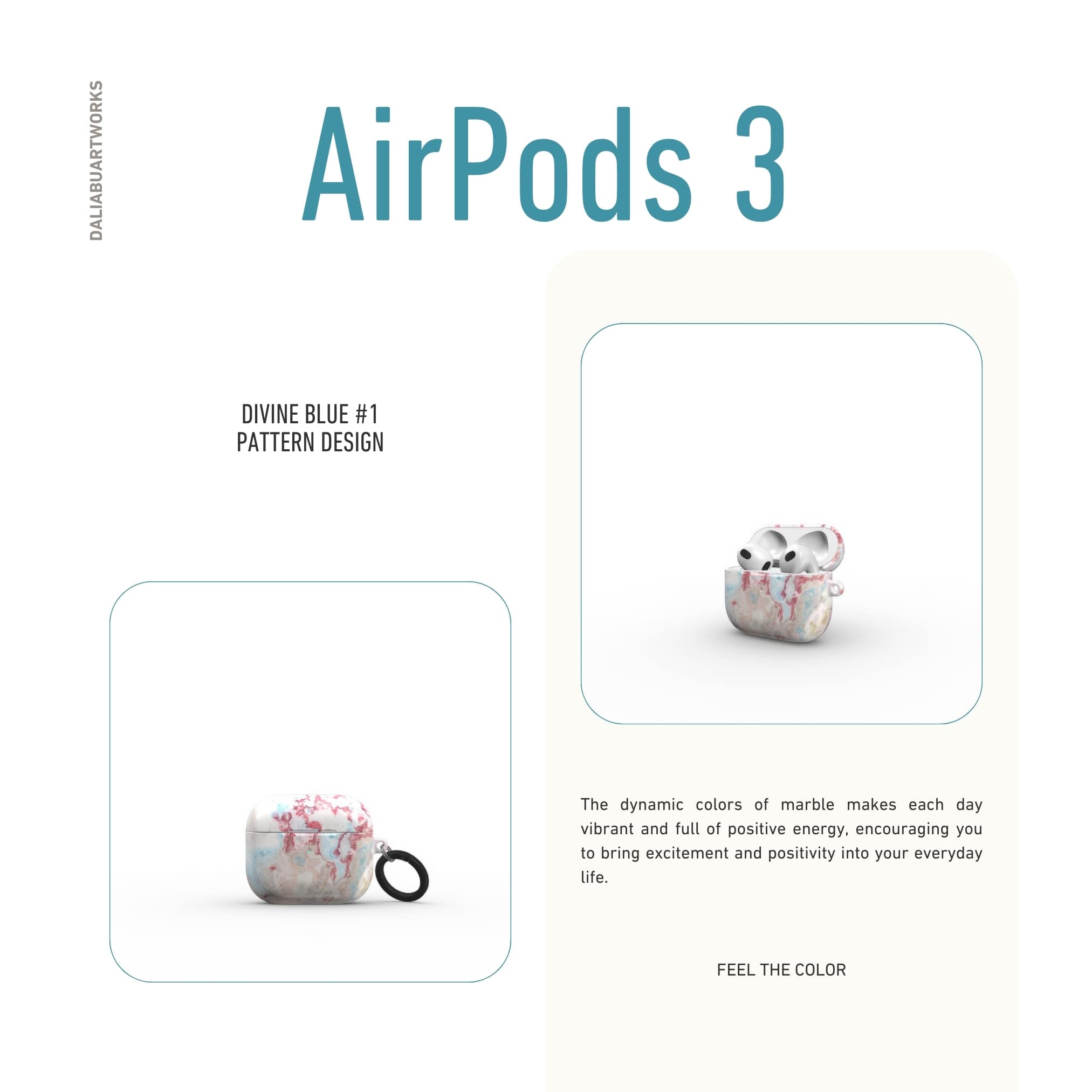 AirPods 3 tough case front view; Divine Blue 1 pattern, artistic, abstract marble pattern. Pink and light blue color combination.