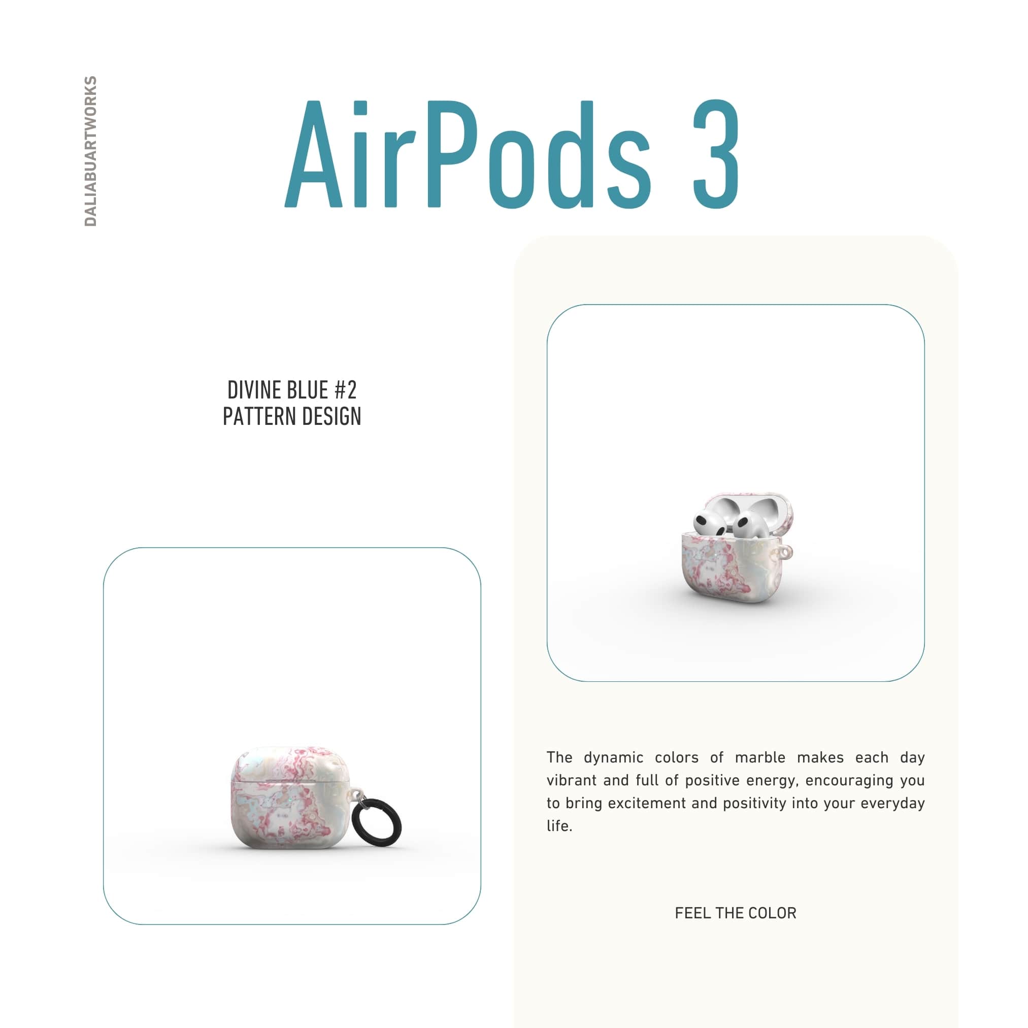 AirPods 3 case front view; Divine Blue 2 pattern, artistic, abstract marble pattern. Light blue and pink color combination.