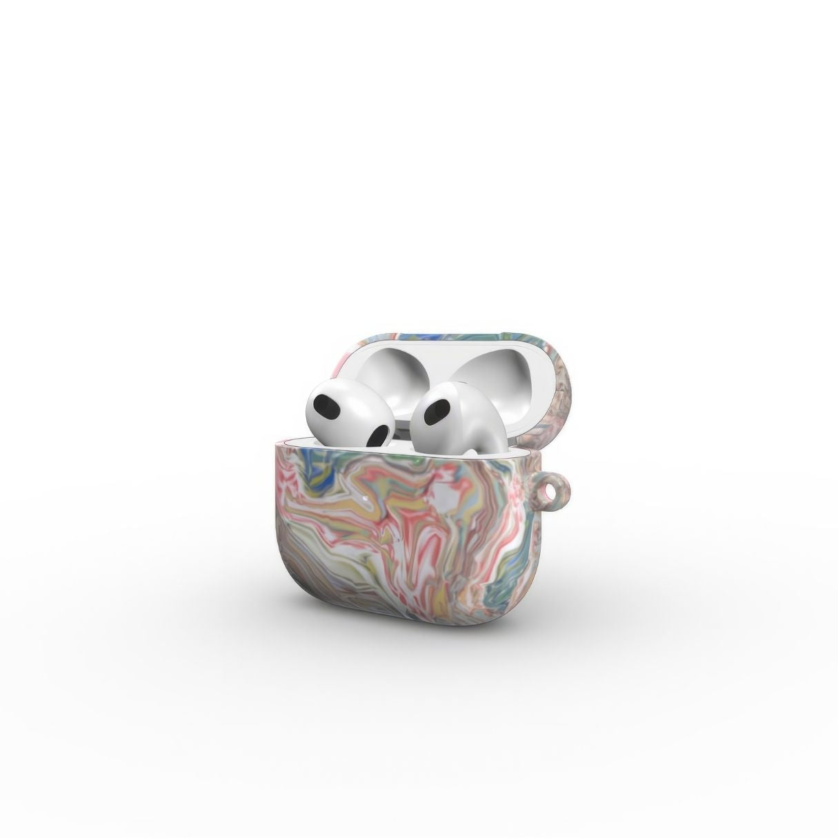 AirPods 3 tough case side open view; Feel Impress pattern, artistic, abstract marble pattern. Pastel blue, green and red color combination. Inspired by impressionist art. Bold expressive aesthetic design. Colorful and interior fit. Elegant.