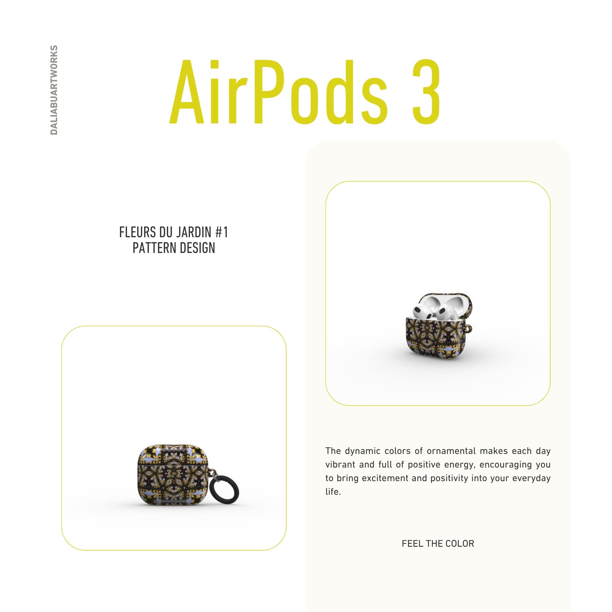 AirPods 3 case Fleurs Du Jardin 1 pattern with geometric design, featuring an elegant and expressive aesthetic shape. Main colors are blue, yellow and dark purple. Description.