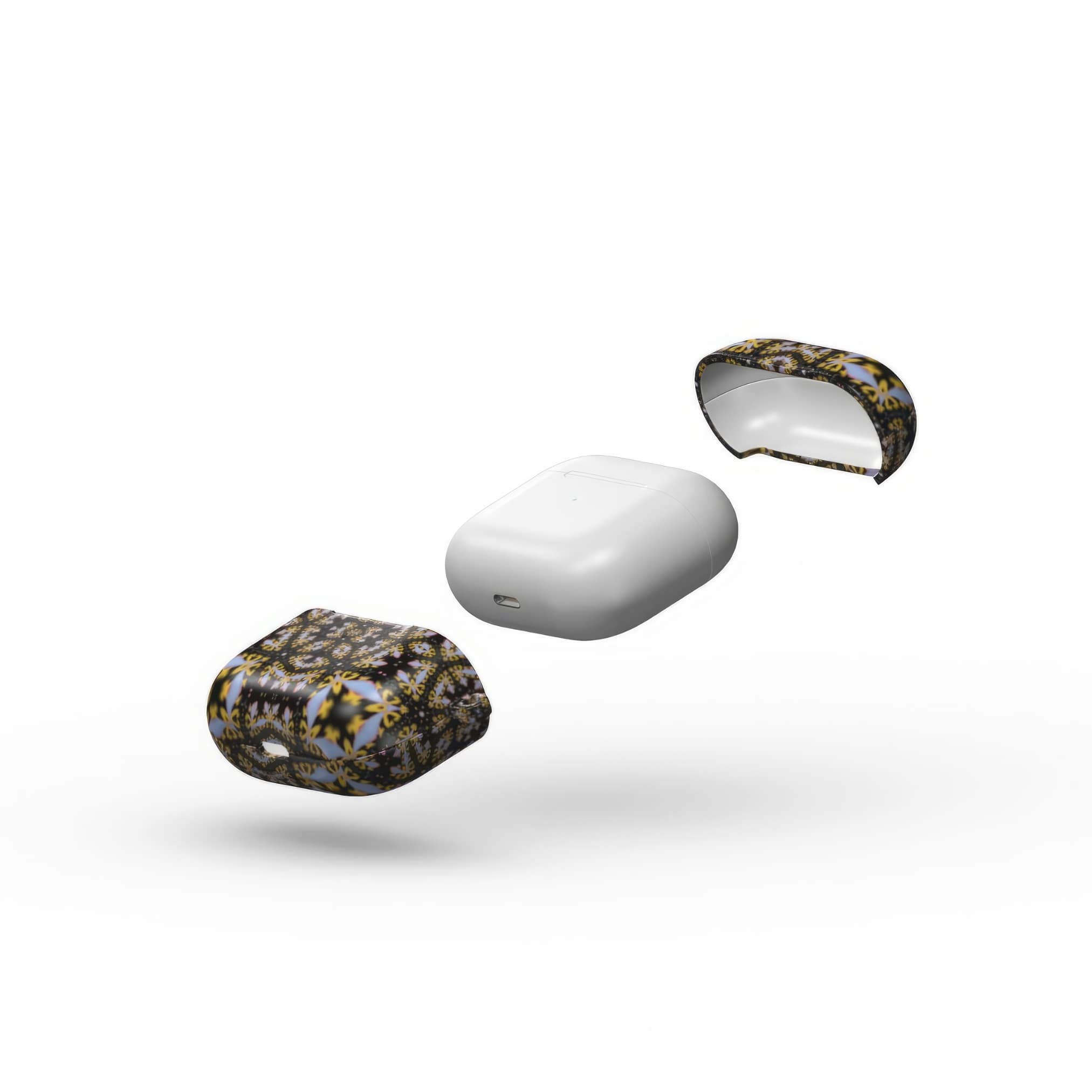 AirPods 3 case Fleurs Du Jardin 1 pattern with geometric design, featuring an elegant and expressive aesthetic shape. Main colors are blue, yellow and dark purple. Extend view.