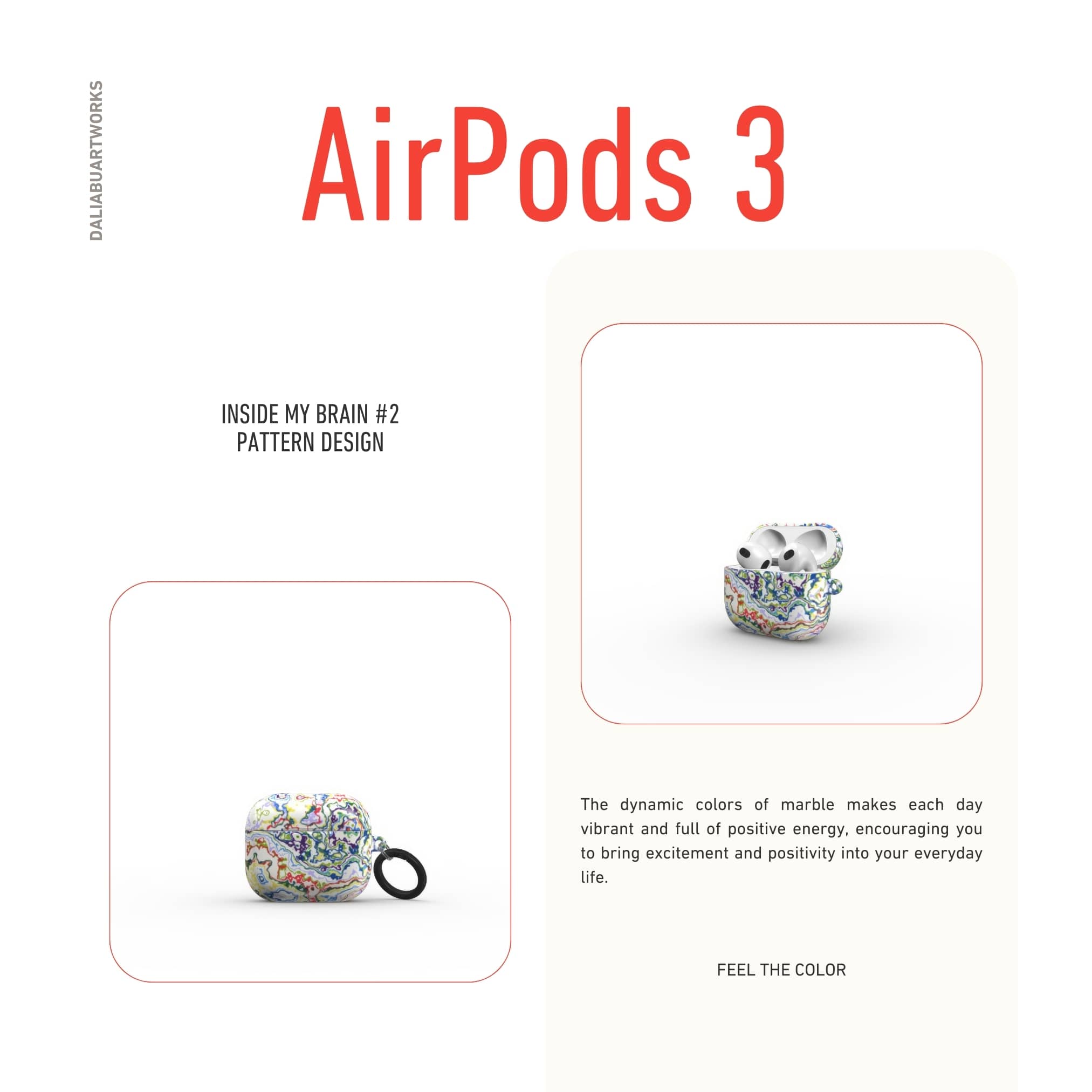 AirPods 3 case front view; Inside My Brain 2 pattern, artistic, abstract marble pattern. Blue, green and red color combination.