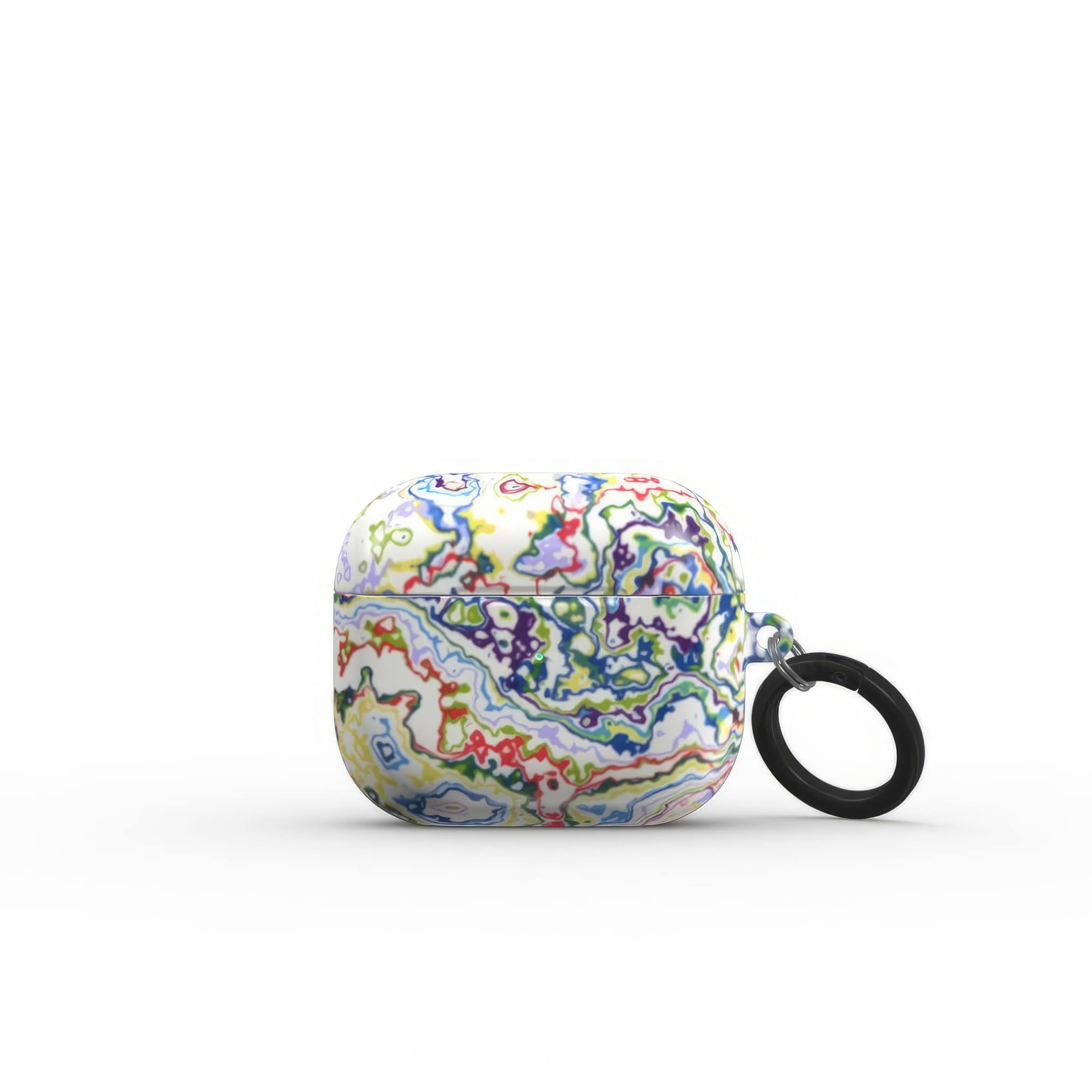 AirPods 3 case front closed view; Inside My Brain 2 pattern, artistic, abstract marble pattern. Blue, green and red color combination. Bold expressive aesthetic design. Colorful and interior fit. Elegant.