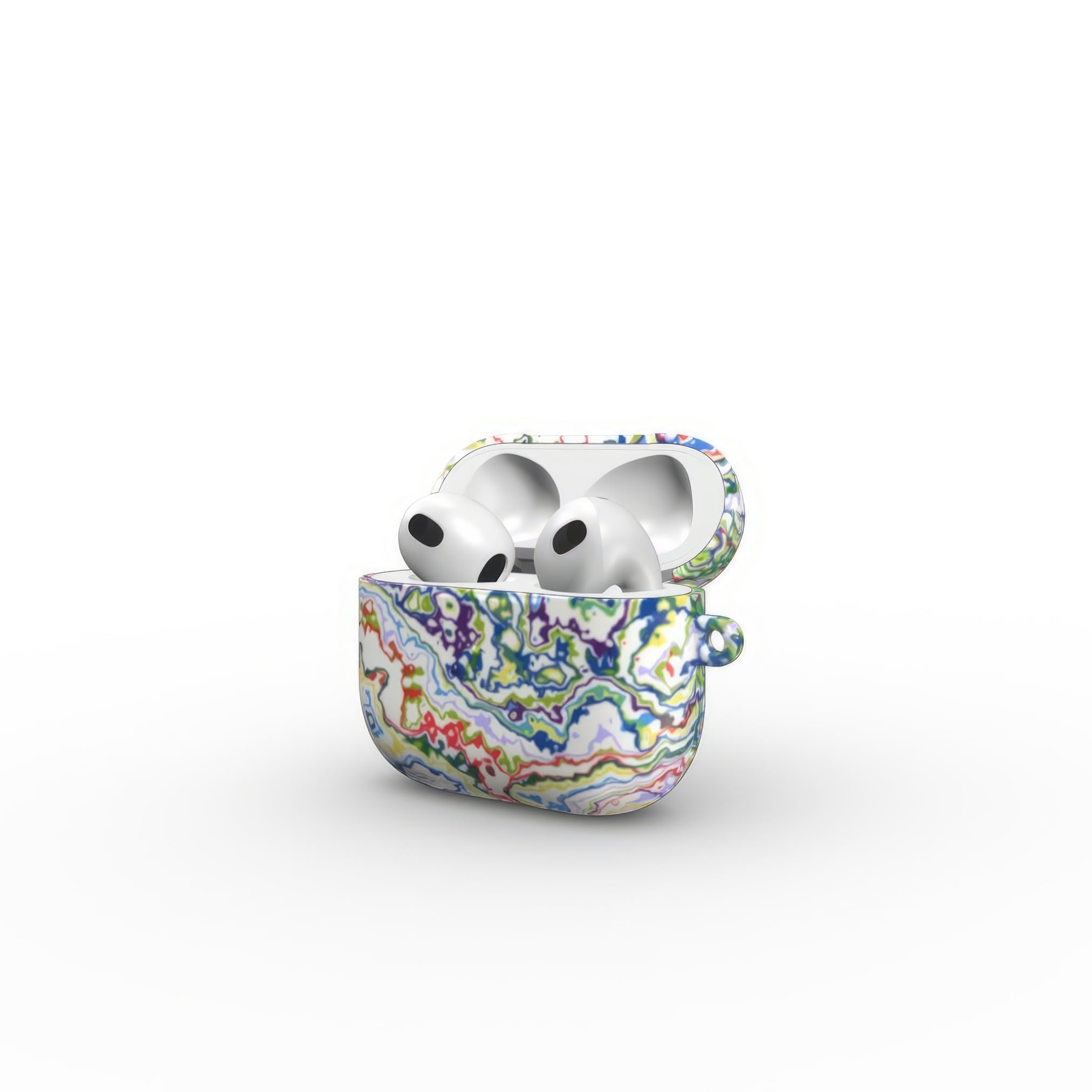 AirPods 3 case side open view; Inside My Brain 2 pattern, artistic, abstract marble pattern. Blue, green and red color combination.