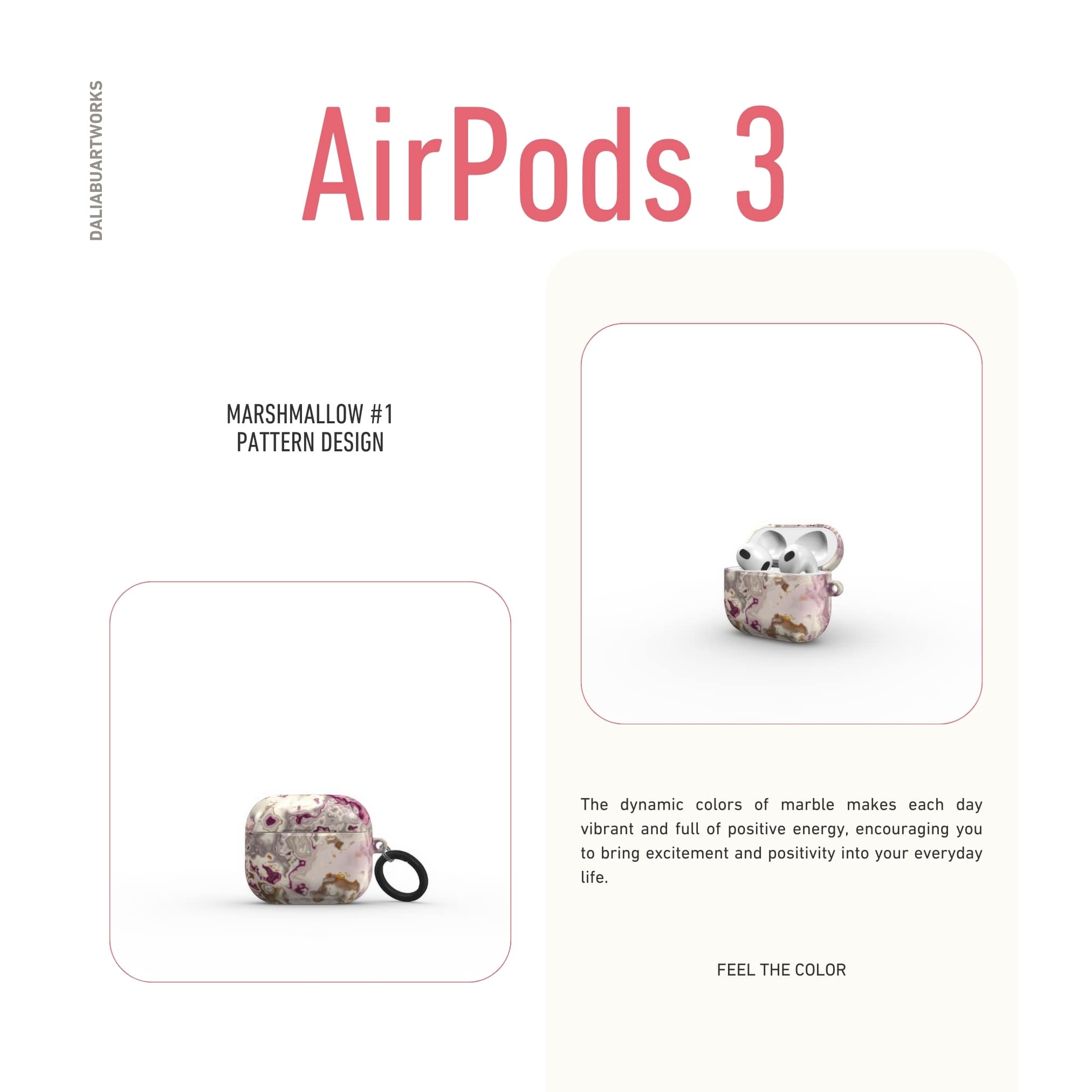 AirPods 3 tough case front closed view; Marshmallow 1 pattern, artistic, abstract marble pattern. Pink and beige color combination.