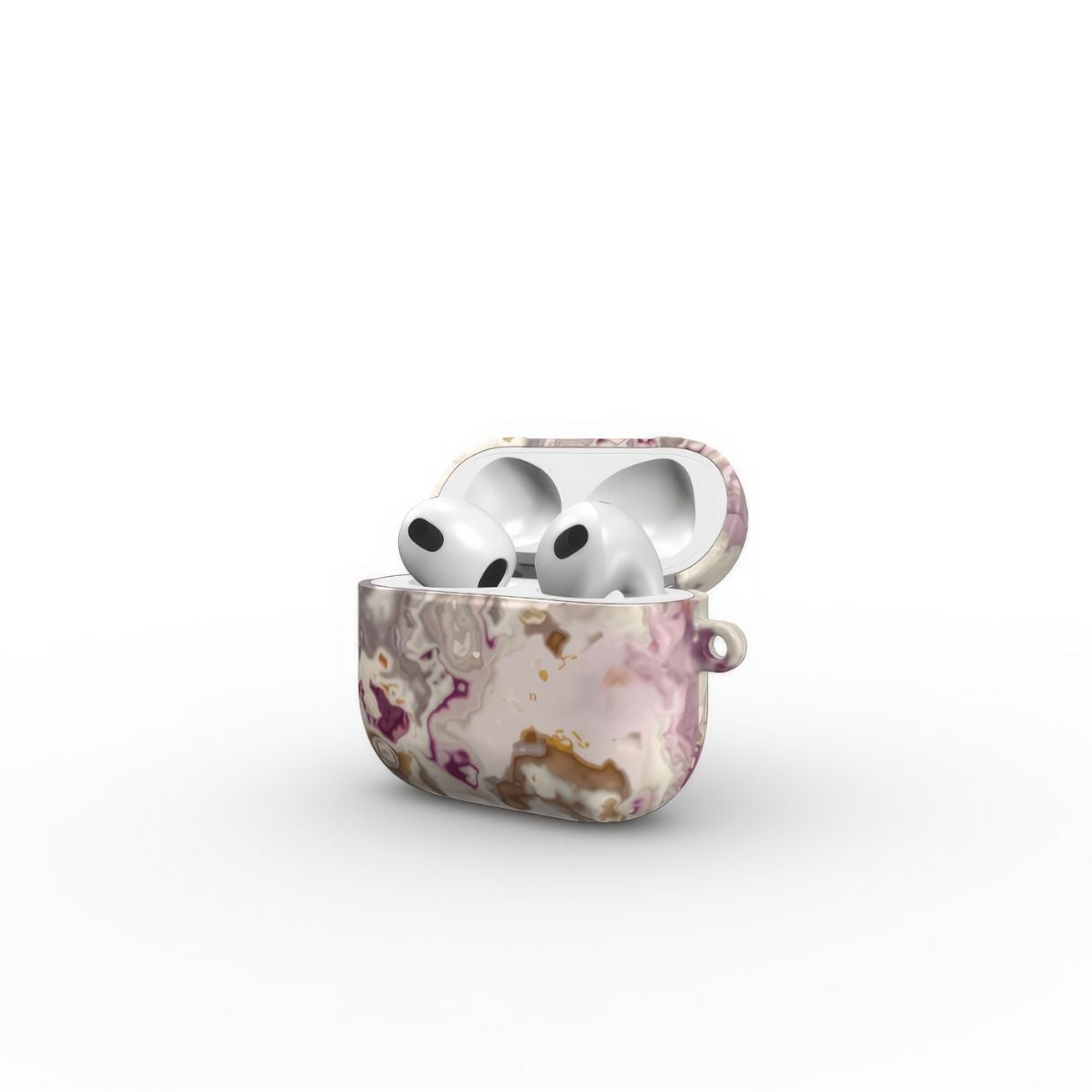 AirPods 3 tough case side open view; Marshmallow pattern, artistic, abstract marble pattern. Pink and beige color combination.
