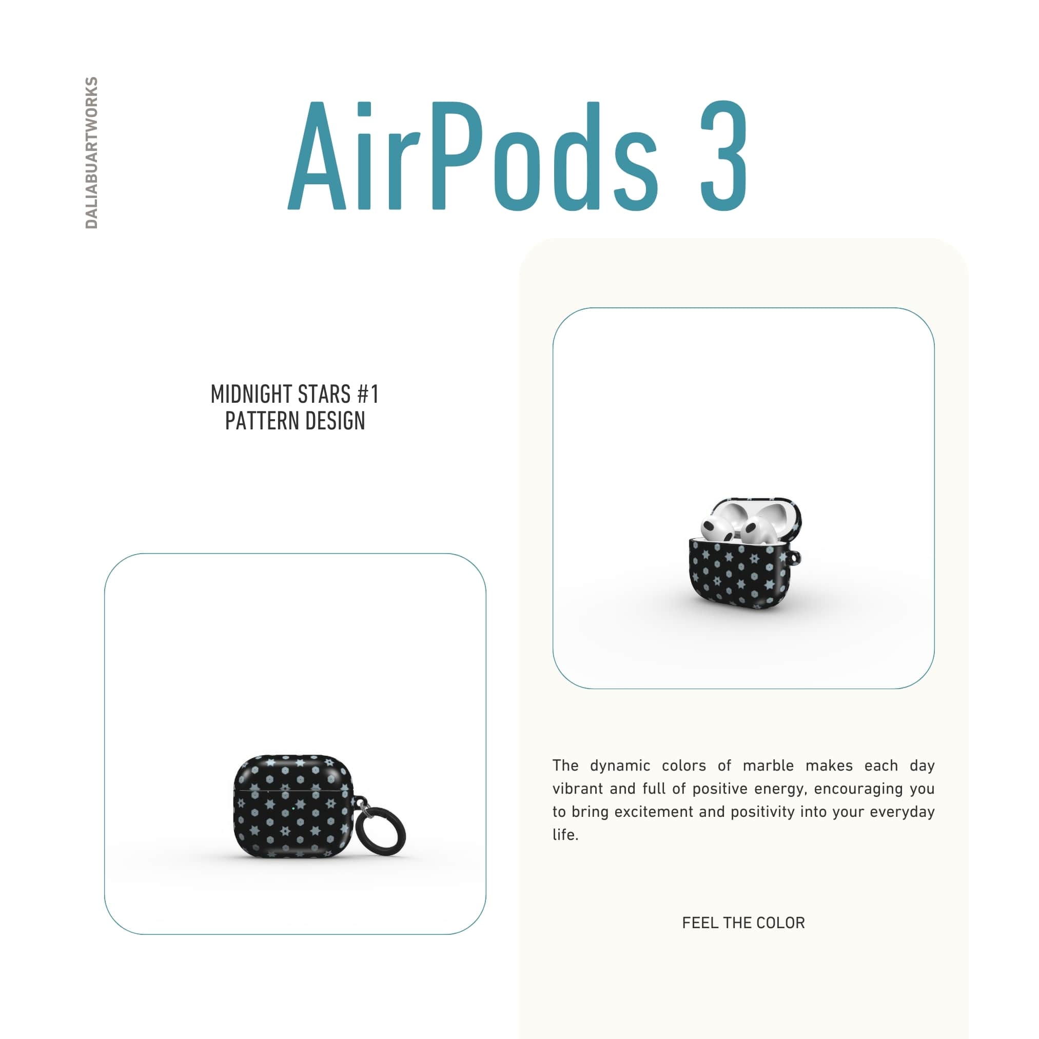 AirPods 3 case front view; midnight stars 1 pattern, ornamental pattern; kaleidoscope pattern imagination.