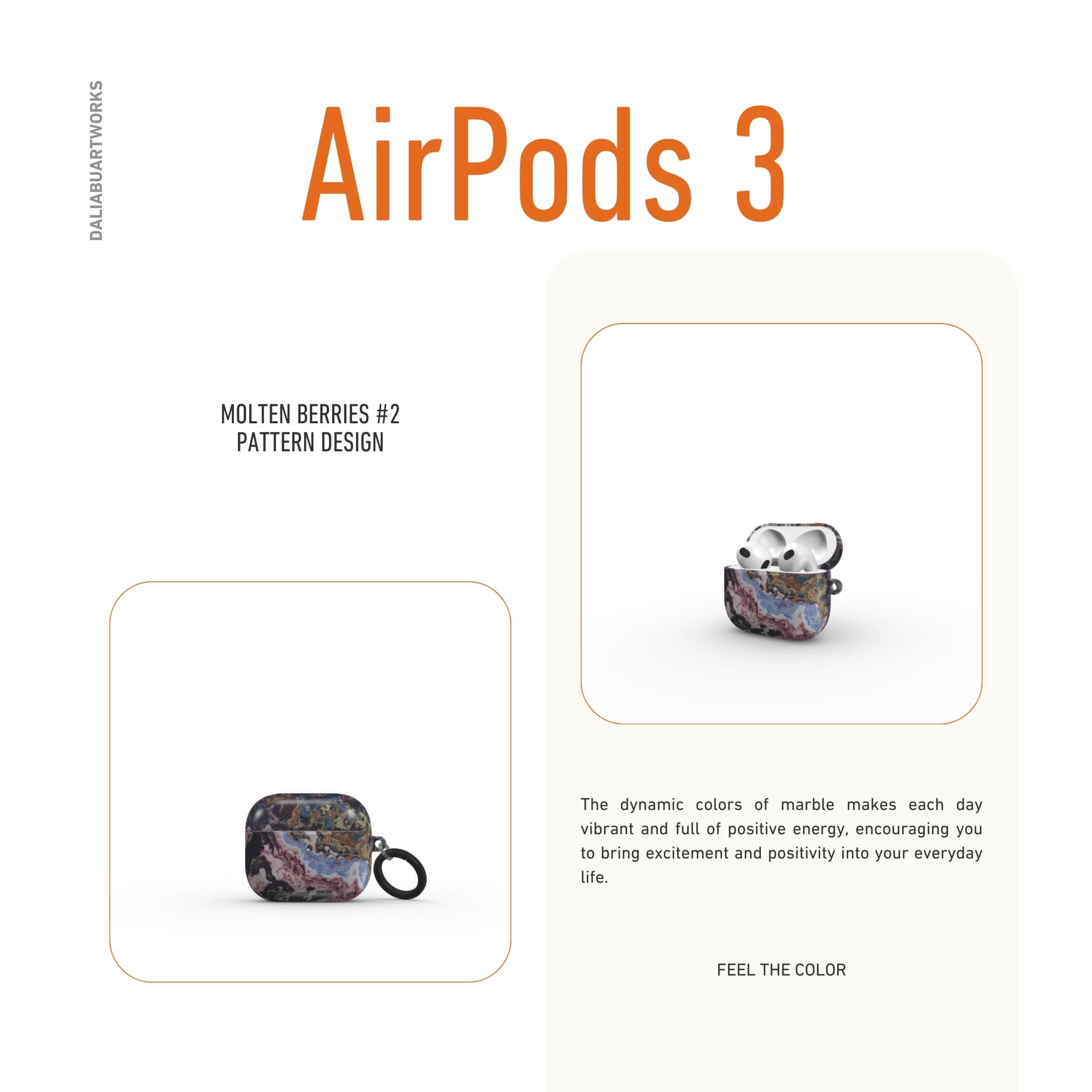 AirPods 3 tough case front view; Molten Berries 2 pattern, artistic, abstract marble pattern. Deep. purple color.