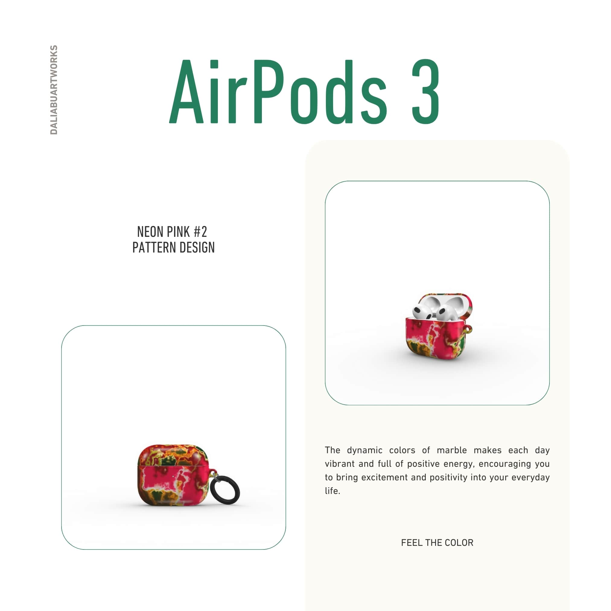 AirPods 3 tough phone case front view; Neon Pink 2 pattern, artistic, abstract marble pattern. Pink and green color combination.