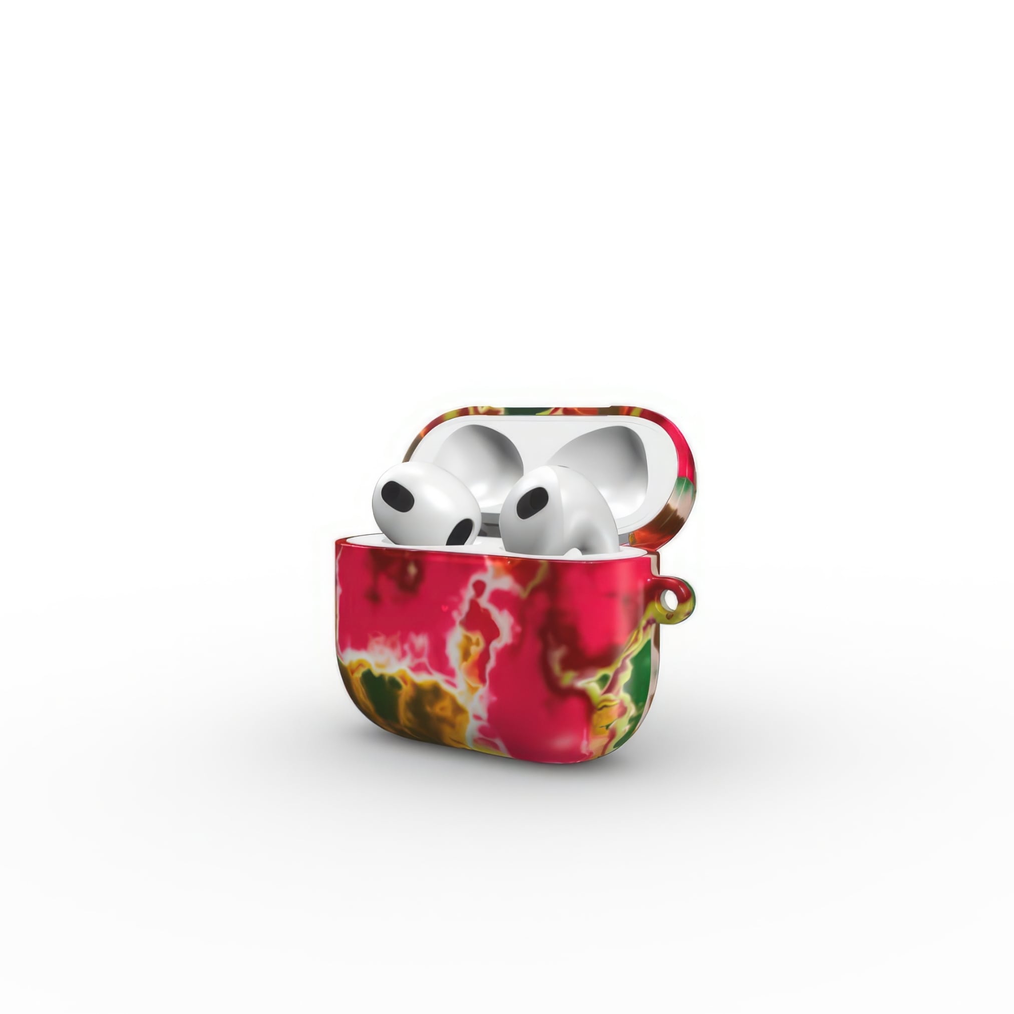 AirPods 3 tough phone case open side view; Neon Pink 2 pattern, artistic, abstract marble pattern. Pink and green color combination.