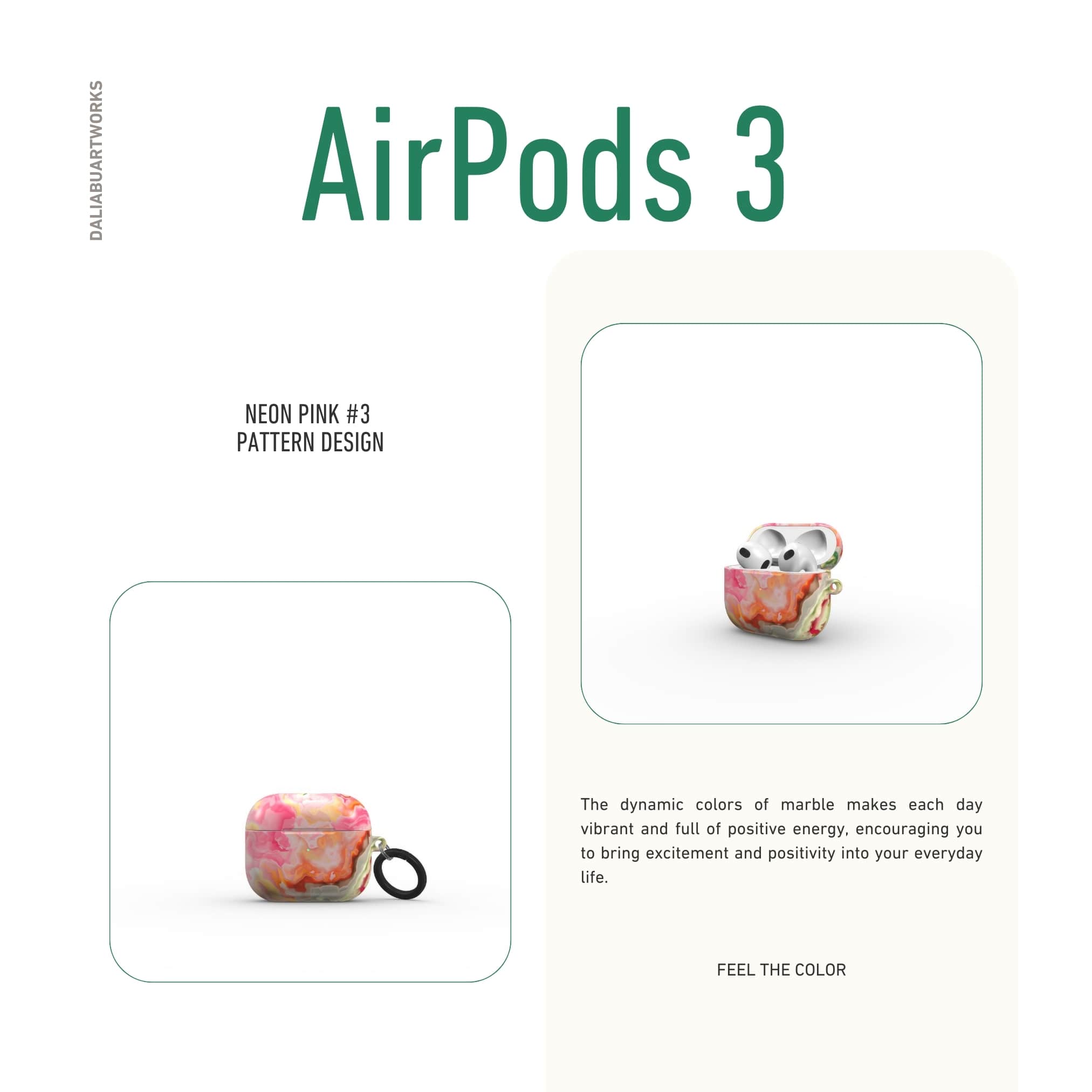 AirPods 3 tough case front view; Neon Pink 3 pattern, artistic, abstract marble pattern. Light pink and green color combination.