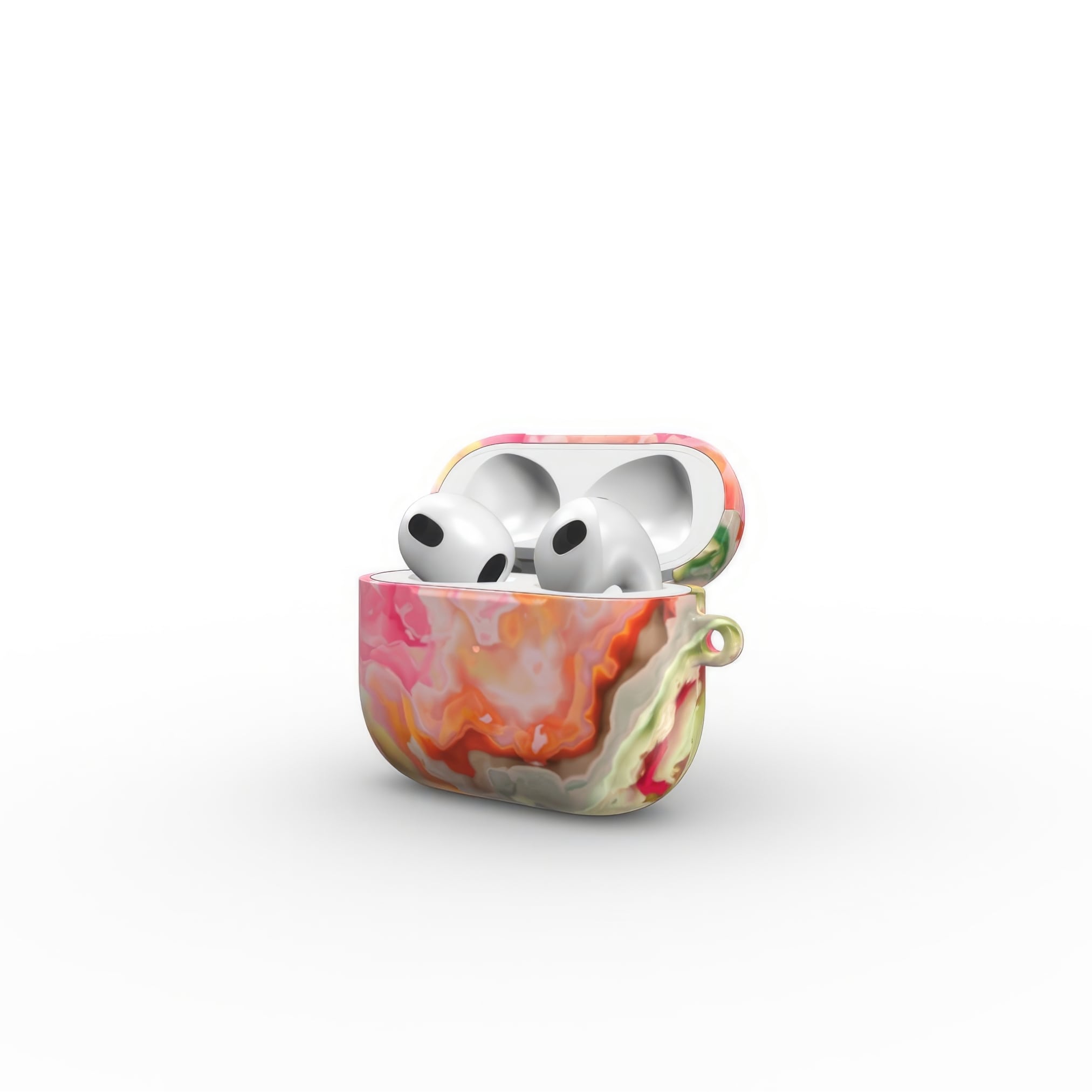 AirPods 3 tough case side open view; Neon Pink 3 pattern, artistic, abstract marble pattern. Light pink and green color combination.