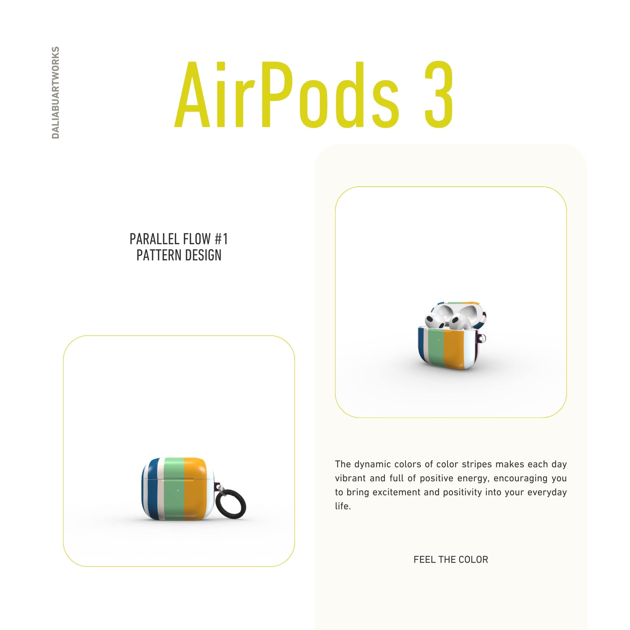 AirPods 3 case Parallel Flow 1 pattern with tiny color stripes, featuring an elegant and expressive aesthetic design. Main colors are minty sage, powder pink, navy blue, orange. Front view.