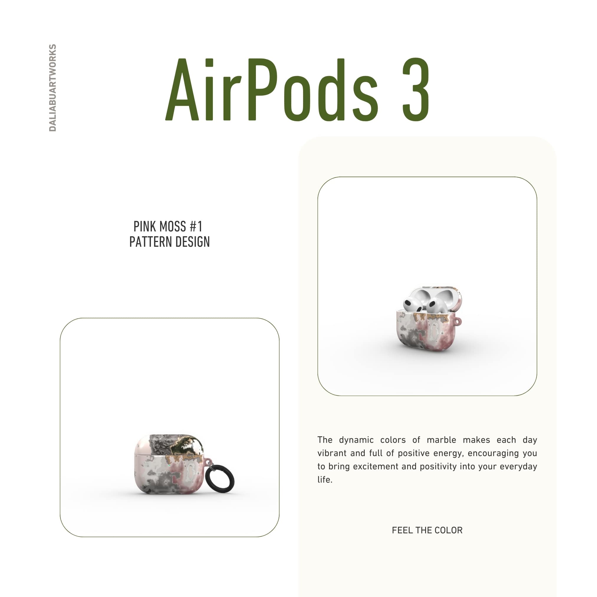 AirPods 3 tough case front view; Pink Moss 1 pattern, artistic, abstract marble pattern. Pink and Grey color combination.
