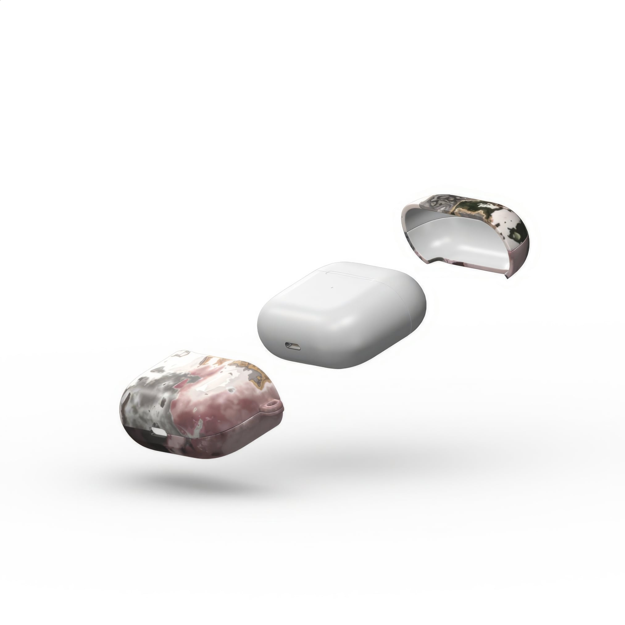 AirPods 3 tough case extend view; Pink Moss 1 pattern, artistic, abstract marble pattern. Pink and Grey color combination.