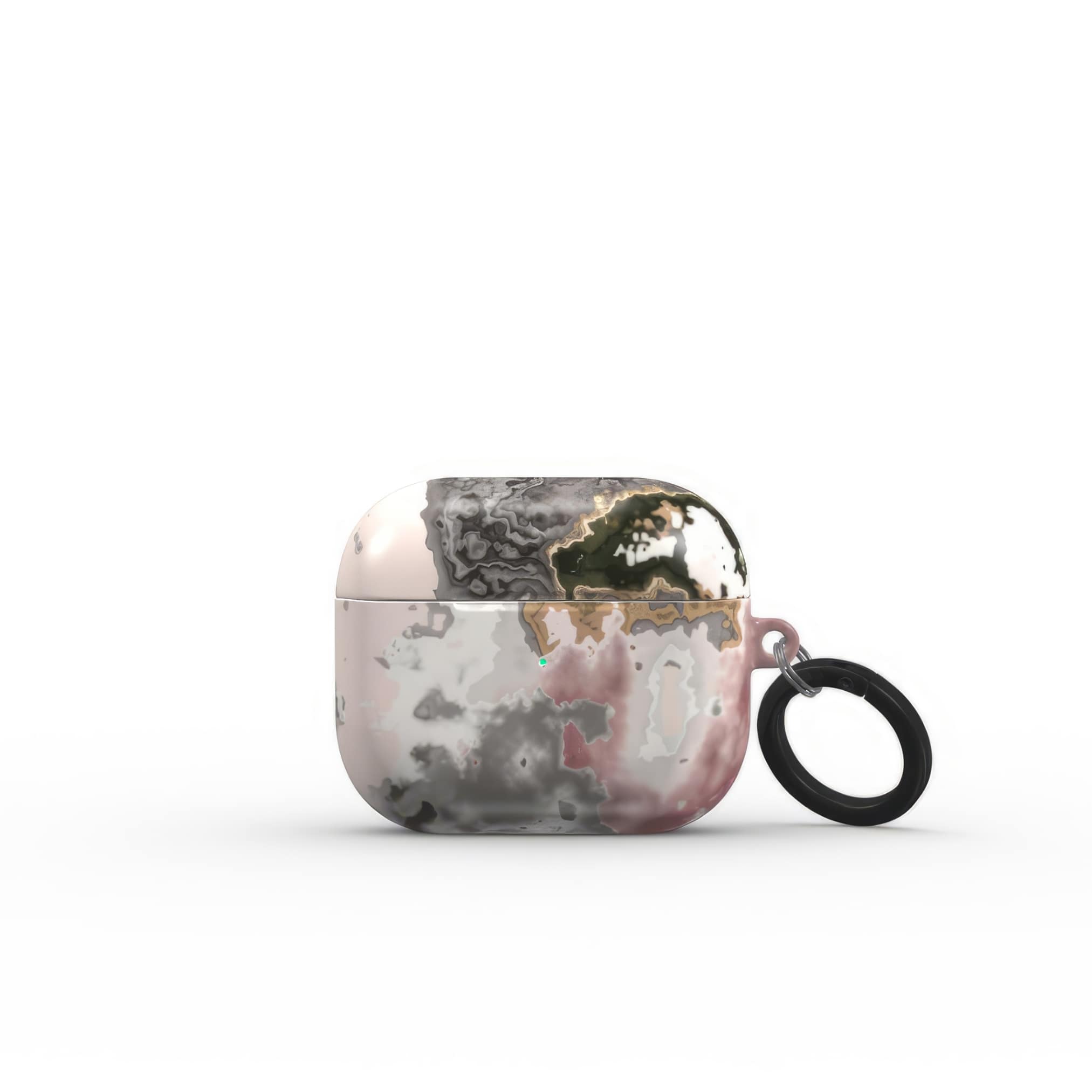 AirPods 3 tough case front view; Pink Moss 1 pattern, artistic, abstract marble pattern. Pink and Grey color combination. Bold expressive aesthetic design. Colorful and interior fit. Elegant.