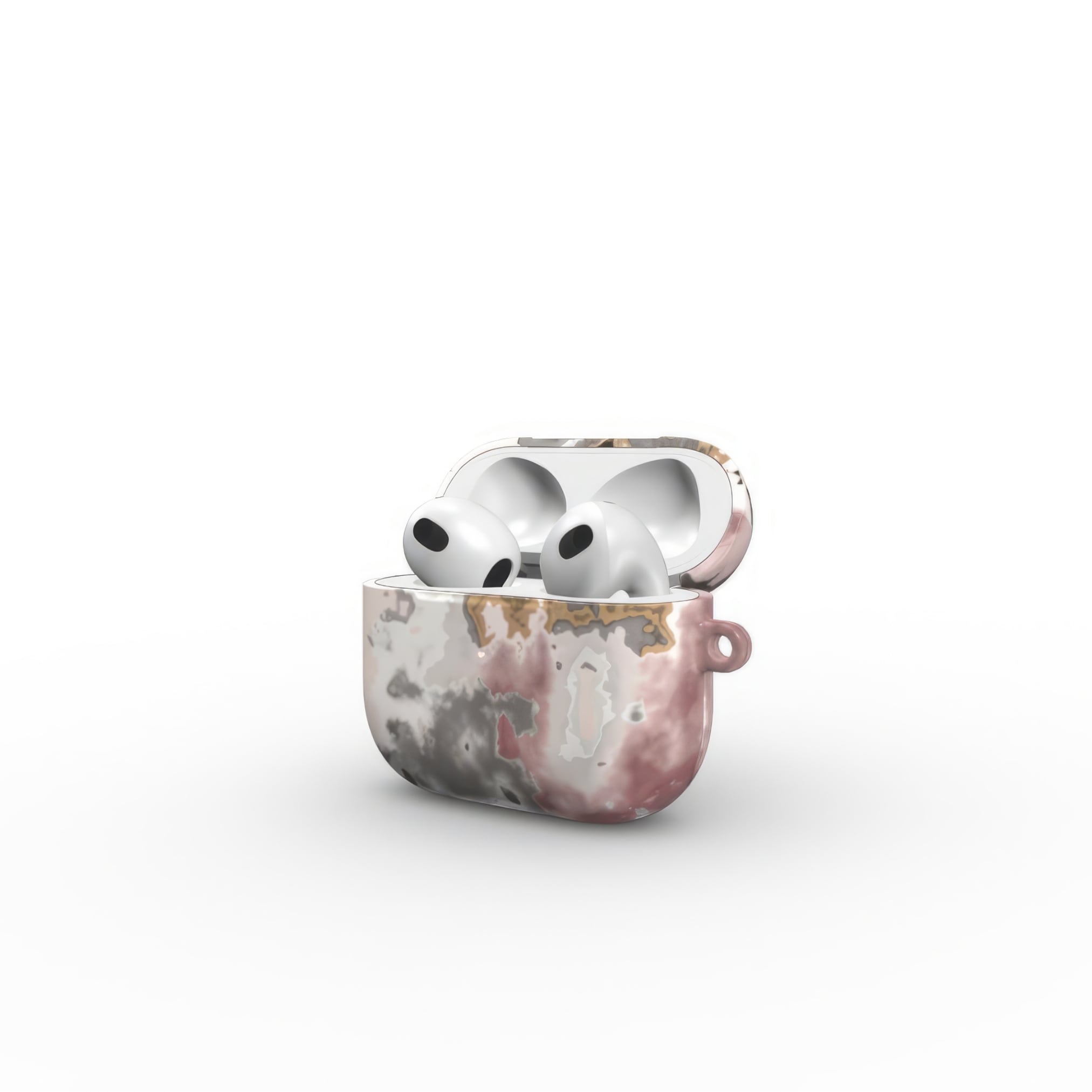 AirPods 3 tough case side open view; Pink Moss 1 pattern, artistic, abstract marble pattern. Pink and Grey color combination.