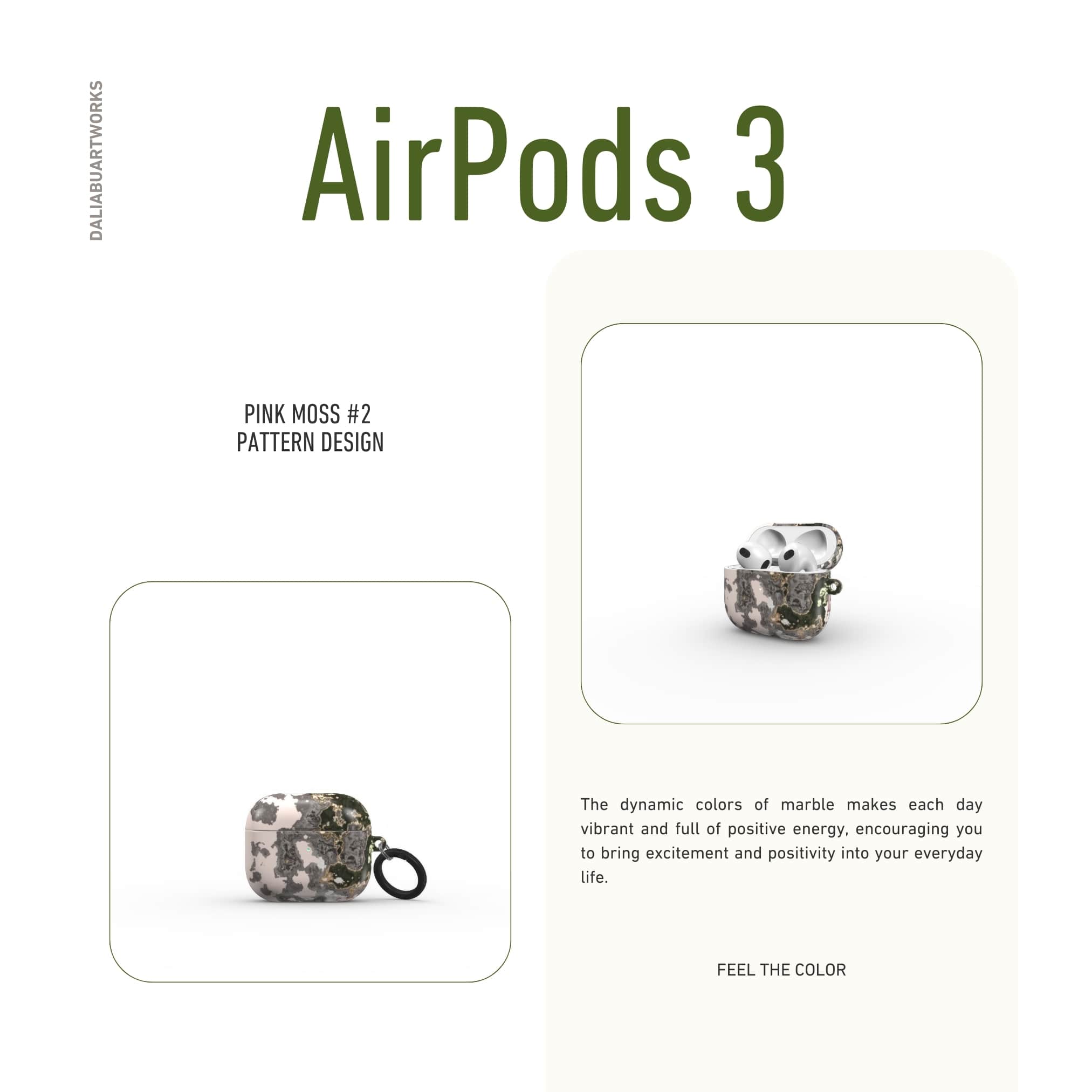 AirPods 3 case front closed view; Pink Moss 2 pattern, artistic, abstract marble pattern. Pink and grey color combination.