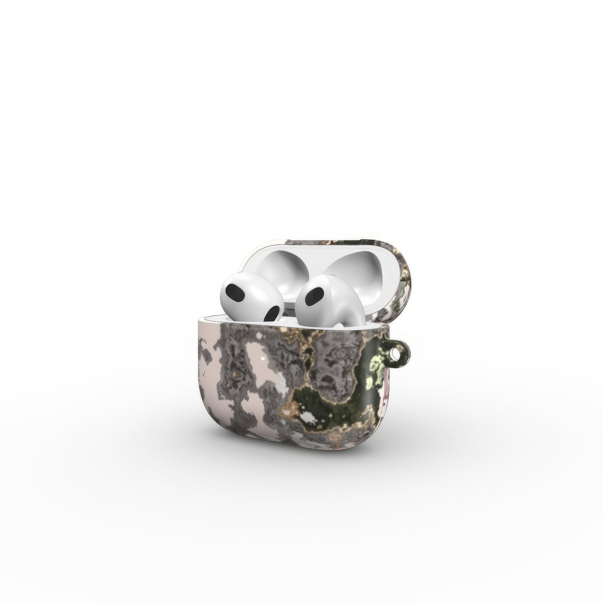 AirPods 3 case side open view; Pink Moss 2 pattern, artistic, abstract marble pattern. Pink and grey color combination.