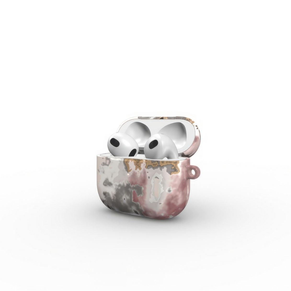 AirPods 3 tough case side open view; Pink Moss pattern, artistic, abstract marble pattern. Pink and Grey color combination.