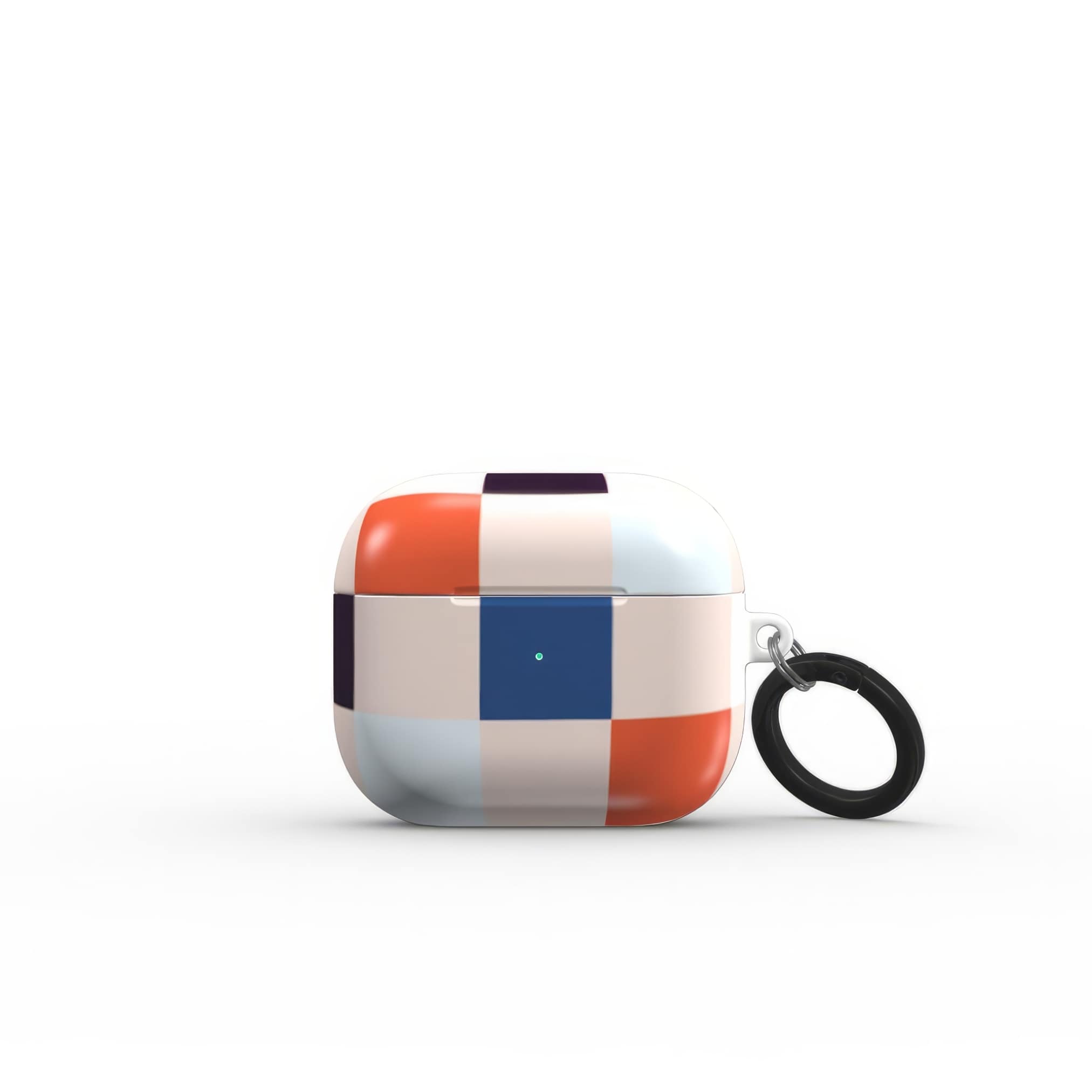 AirPods 3 ultra thin hard shell tough case Pixel Grid Blue pattern design with a bold color blocks in pixel and stripes modern style, featuring an elegant and expressive aesthetic design. Main colors are pink, navy, orange red and light sky blue. Front closed view.