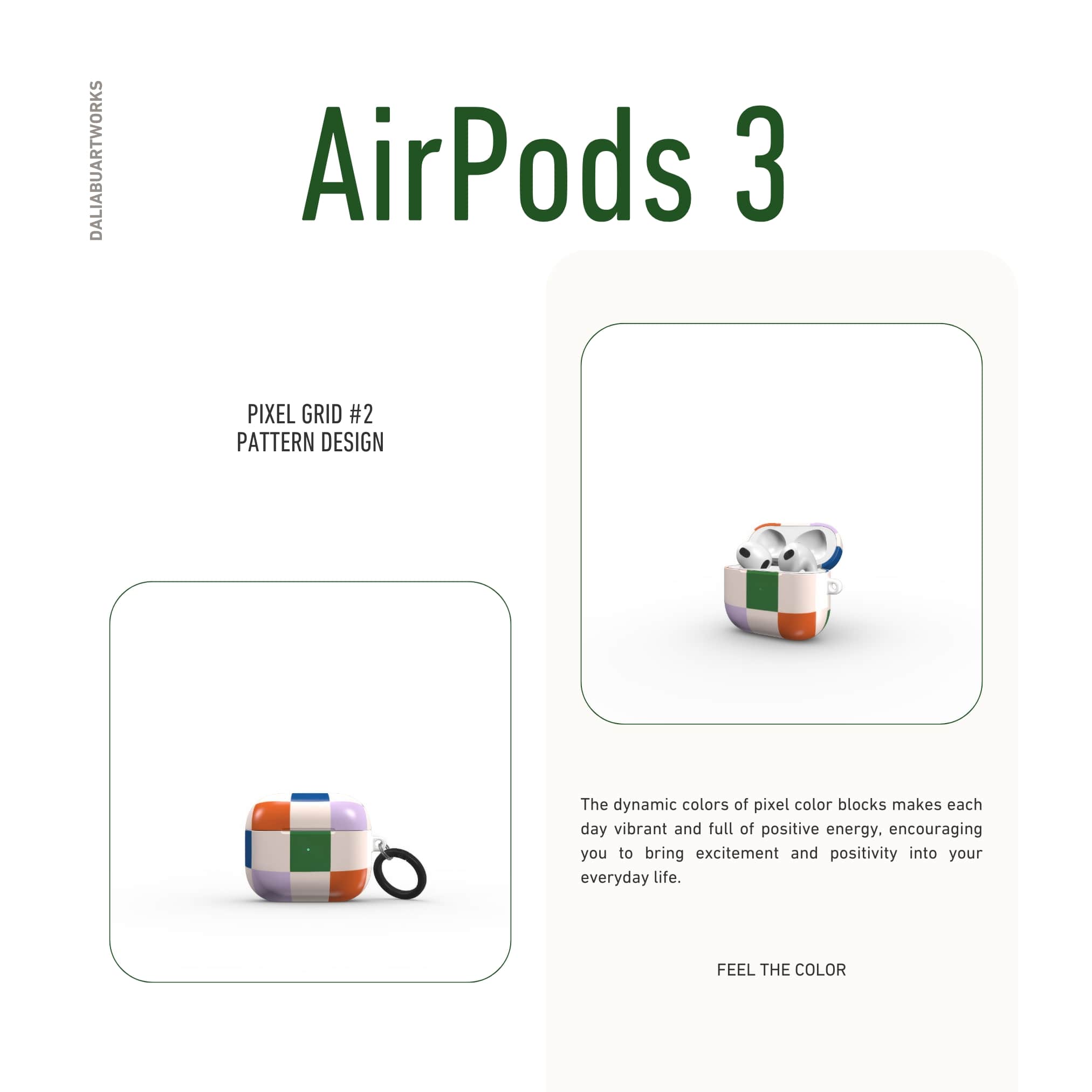 AirPods 3 case Pixel Grid Multi pattern design with a bold color blocks in pixel and stripes modern style, featuring an elegant and expressive aesthetic design. Main colors are rich orange, blue, lilac and green. Front view.