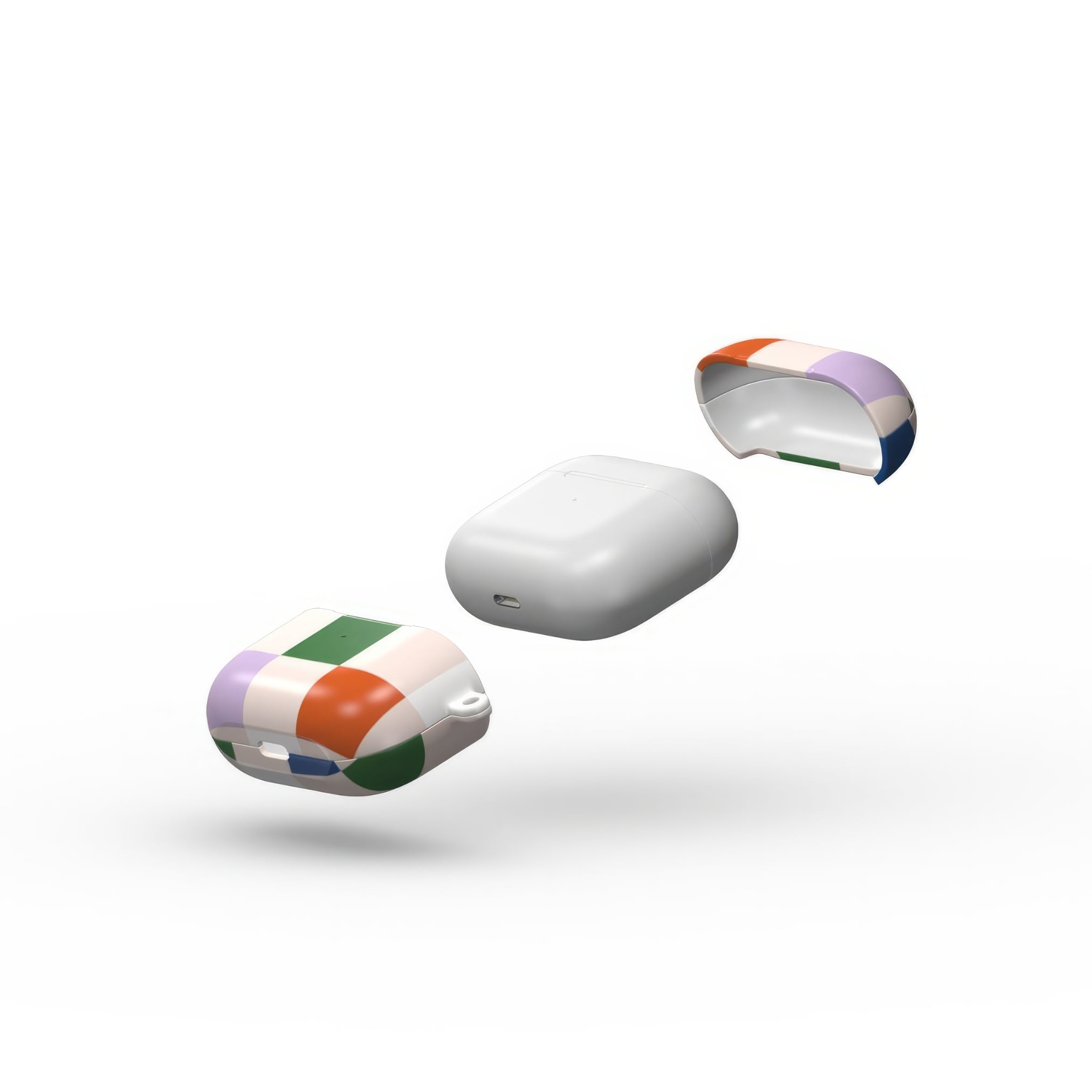 AirPods 3 case Pixel Grid Multi pattern design with a bold color blocks in pixel and stripes modern style, featuring an elegant and expressive aesthetic design. Main colors are rich orange, blue, lilac and green. Extend view.