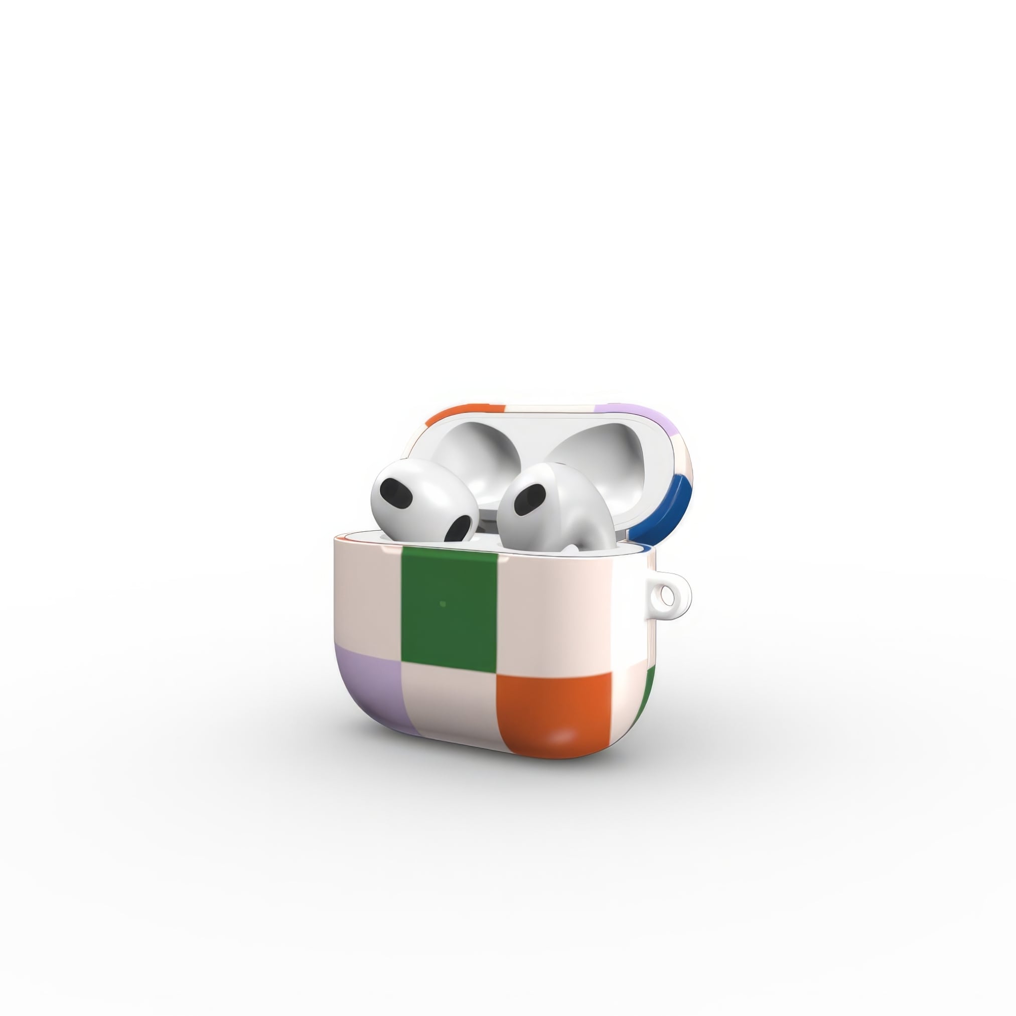 AirPods 3 case Pixel Grid Multi pattern design with a bold color blocks in pixel and stripes modern style, featuring an elegant and expressive aesthetic design. Main colors are rich orange, blue, lilac and green. Open side view.