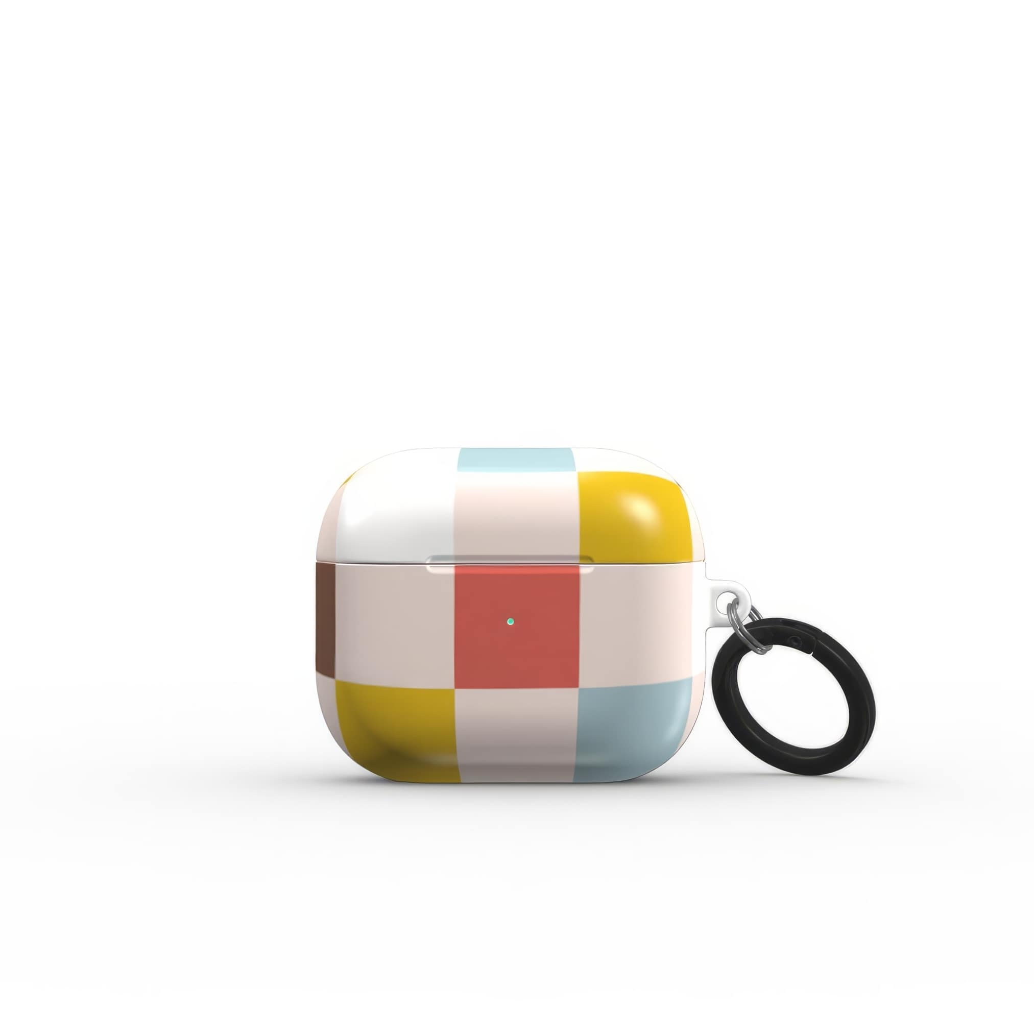 AirPods 3 tough case Pixel Grid Vintage pattern design with a bold color blocks in pixel and stripes modern style, featuring an elegant and expressive aesthetic design. Main colors are pastel with pink, brown, muted red and light sky blue. Front view.